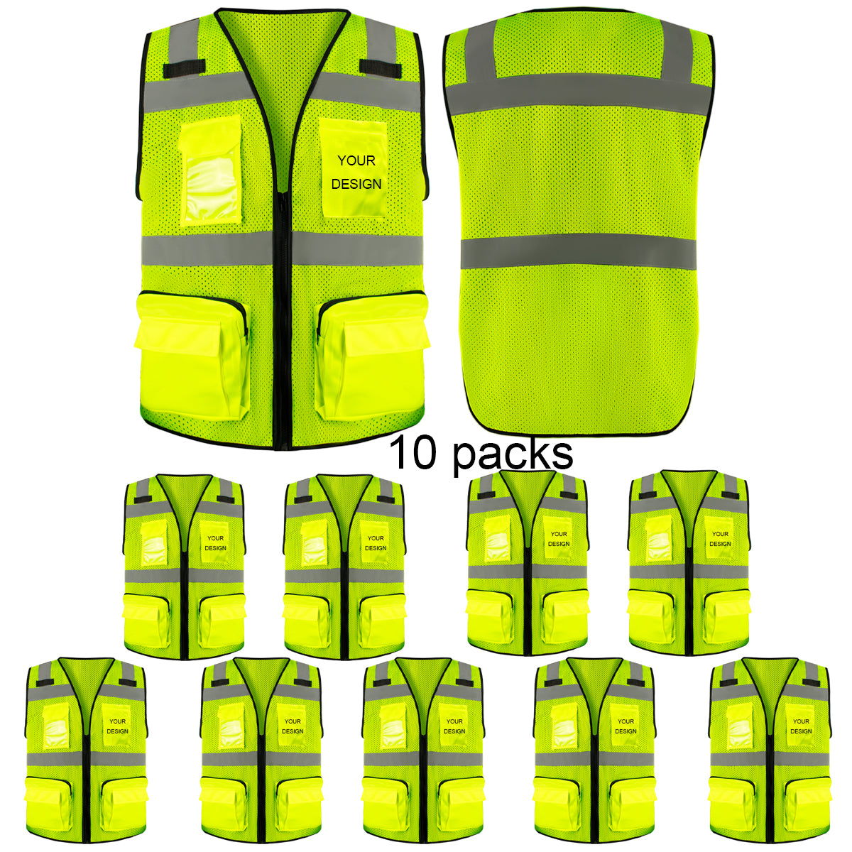 Chaleco de seguridad con logotipo de malla personalizado, chaleco reflectante de alta visibilidad, logotipo personalizado con bolsillos grandes con cremallera, ropa de trabajo para construcción