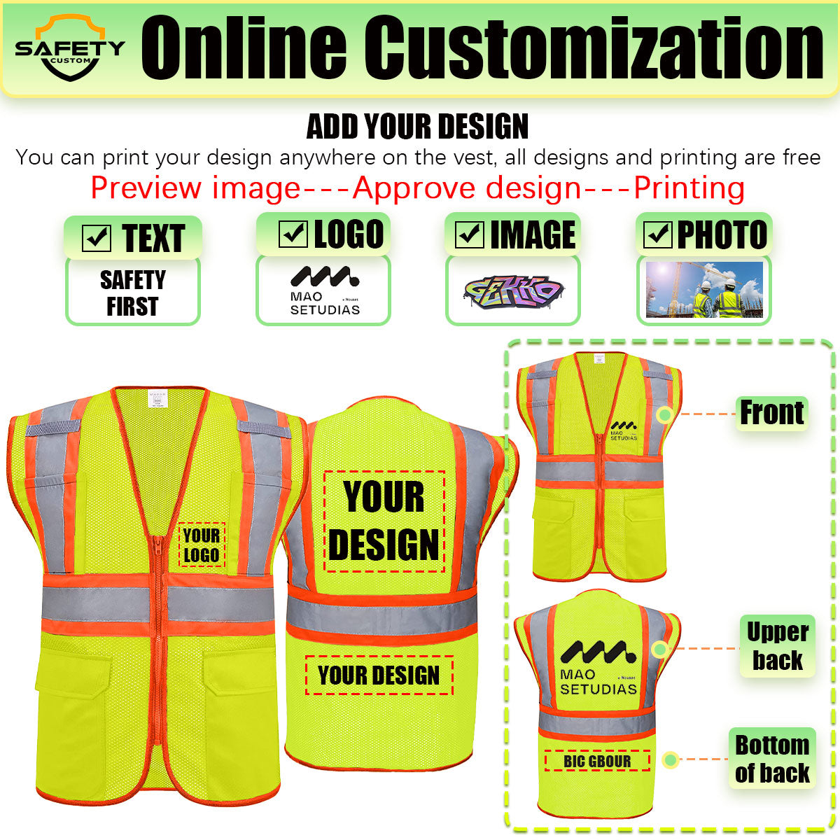 Custom safety vest customize hi vis vest reflective vest with logo yellow orange blue black safety vest S M L XL XXL