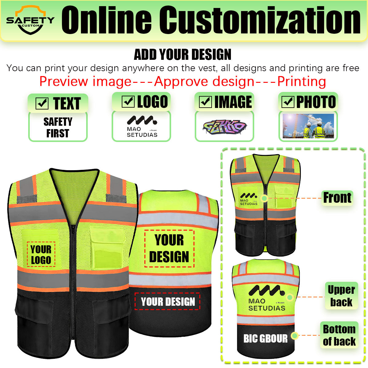 Custom Safety Vest Logo Reflective Vest to Work High Visibility Construction Vest Reflective Class 2 Type R Standard