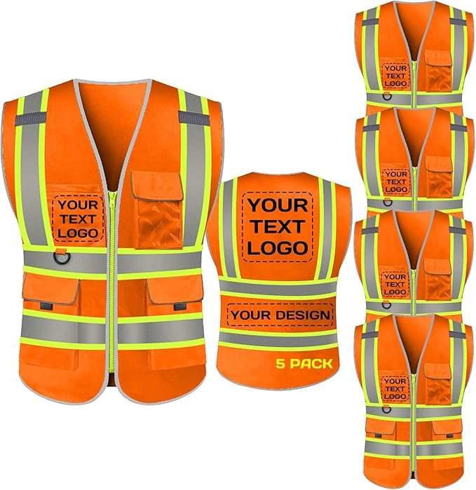 Custom Safety Vest LOGO Customized Hi Vis Reflective with Pockets and Zipper High Visibility Vest ANSI/ISEA 107 Class 2 Type R Compliant