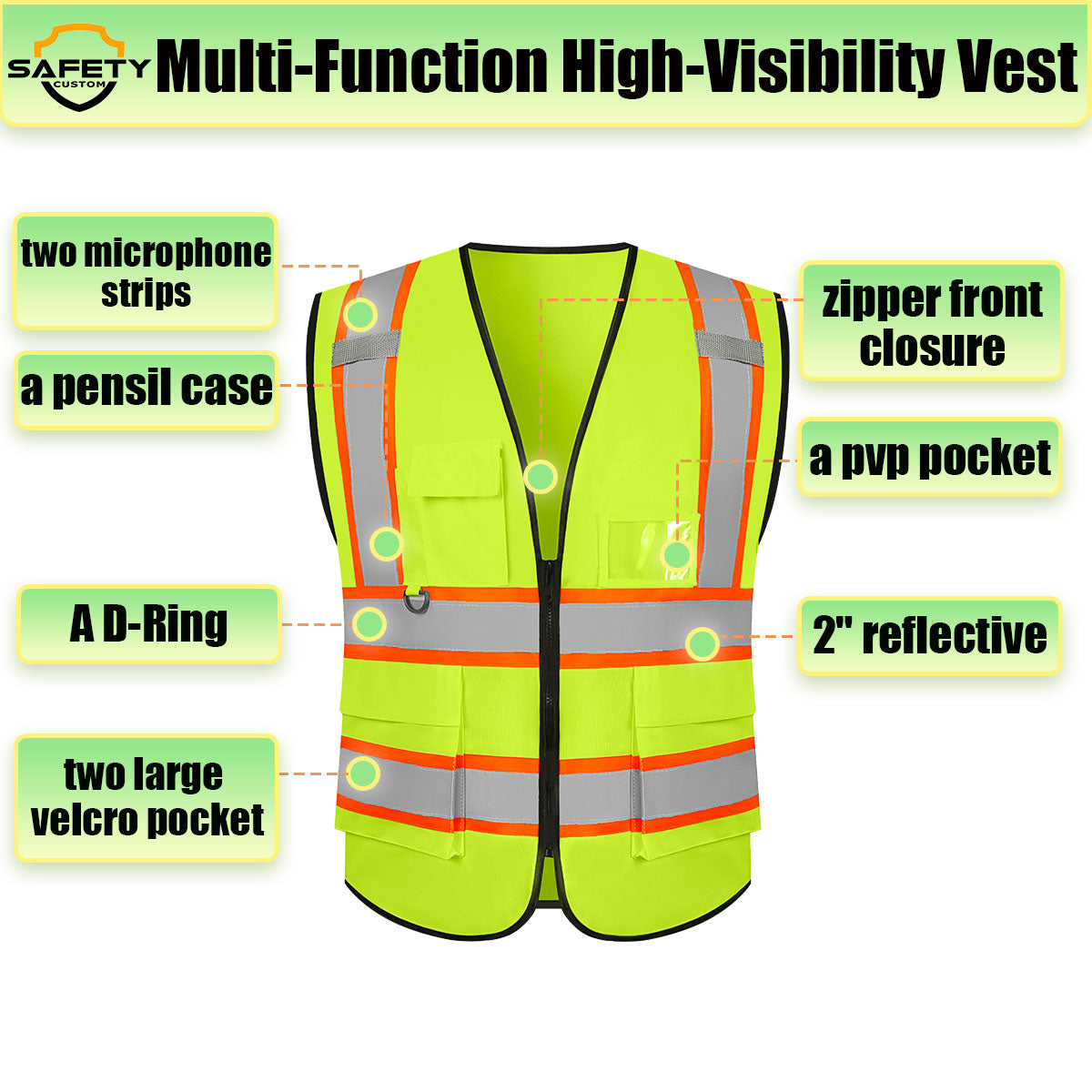 custom safety vest with logo high vis vest with pockets and zipper
