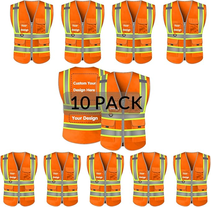 Custom Safety Vest LOGO Customized Hi Vis Reflective with Pockets and Zipper High Visibility Vest ANSI/ISEA 107 Class 2 Type R Compliant