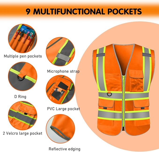 Custom Safety Vest LOGO Customized Hi Vis Reflective with Pockets and Zipper High Visibility Vest ANSI/ISEA 107 Class 2 Type R Compliant