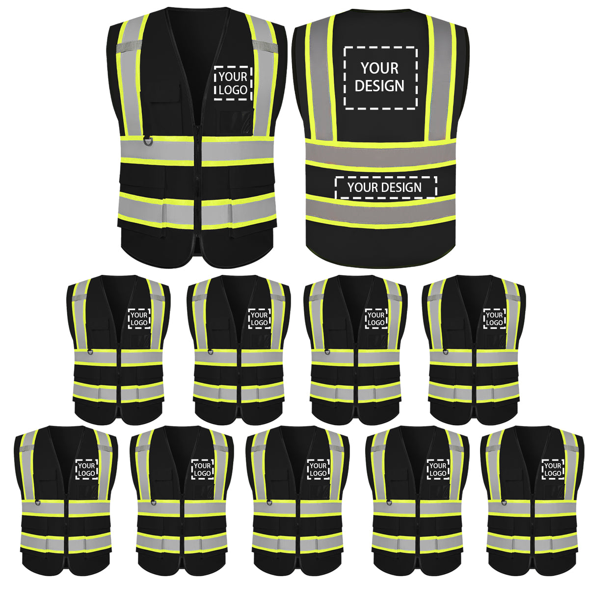 Black Safety Vest Custom Logo Reflective Vest with 5 Pockets and Zipper Class 2 High Visibility Vest Work Safety Vest
