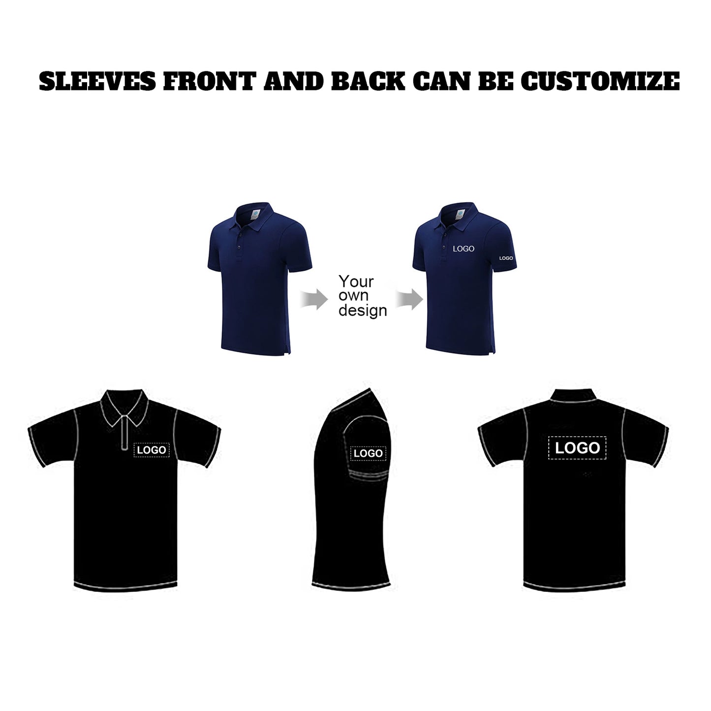 custom polo shirts design your own personalized logo image text on the front back and sleeve of the shirt.