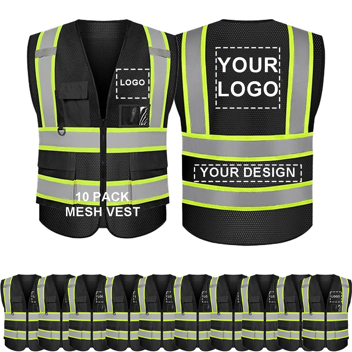 Black Safety Vest Custom Logo Reflective Vest with 5 Pockets and Zipper Class 2 High Visibility Vest Work Safety Vest