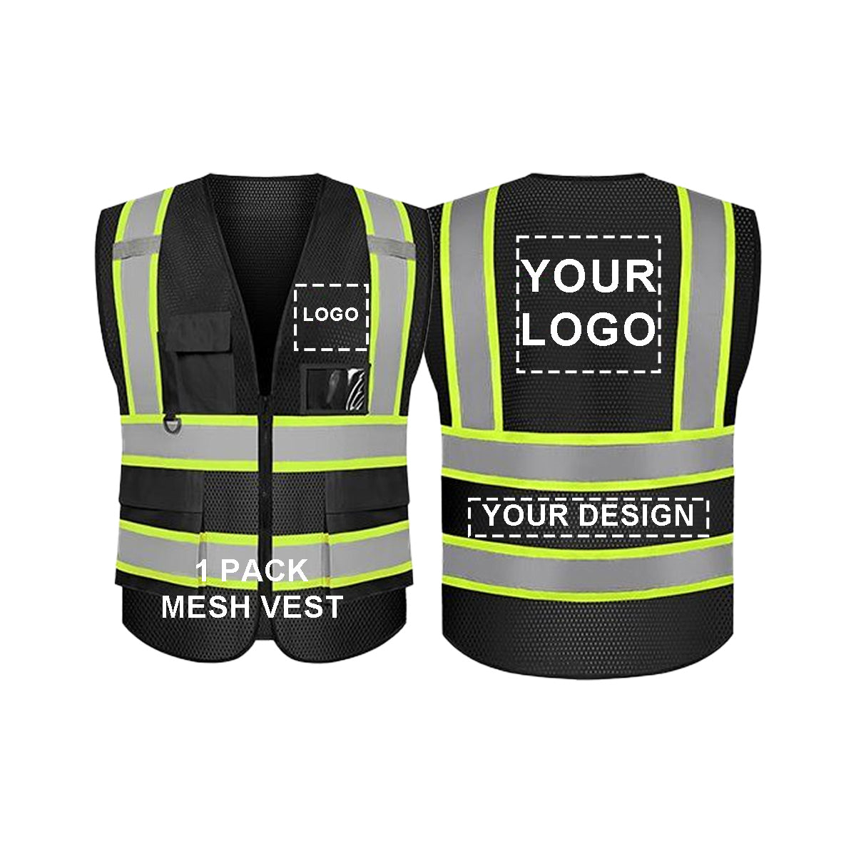 Black Safety Vest Custom Logo Reflective Vest with 5 Pockets and Zipper Class 2 High Visibility Vest Work Safety Vest