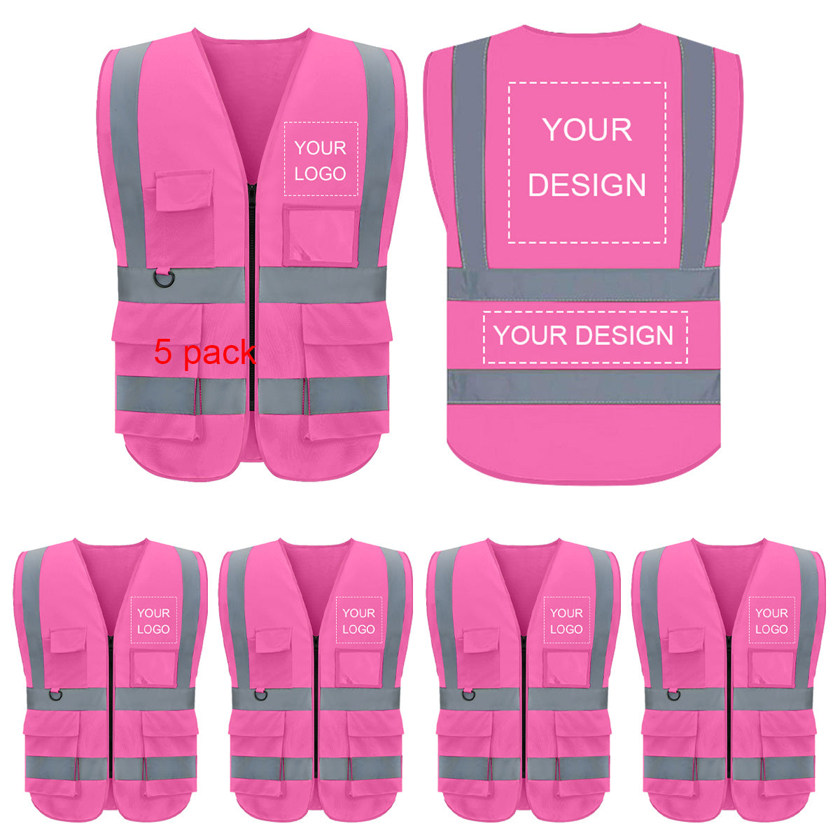 Gilet de sécurité personnalisé avec logo, lot de 1. Gilets réfléchissants de classe 2, visibilité personnalisable, en gros, avec poches et fermeture éclair (impression gratuite, sans minimum de commande).