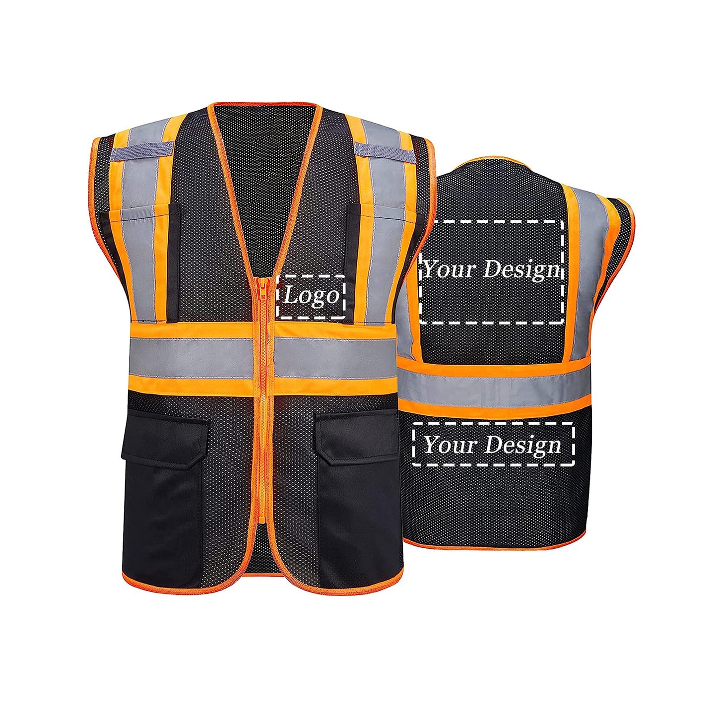 black custom hi-vis safety vest with pockets refelctive vests