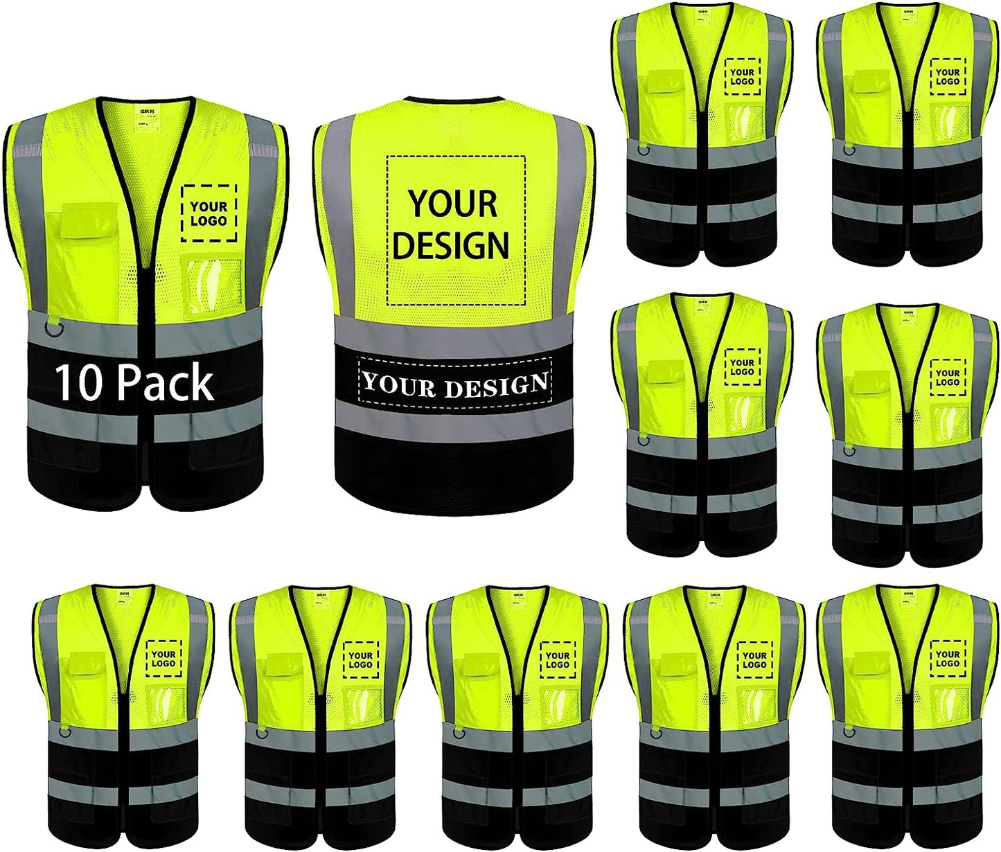 Custom Logo Safety Reflective Vest 1 Pack Class 2 Hi Vis Outdoor Strip Workwear with 5 Multi Pockets and Zipper(Free Printed,No MOQ.)