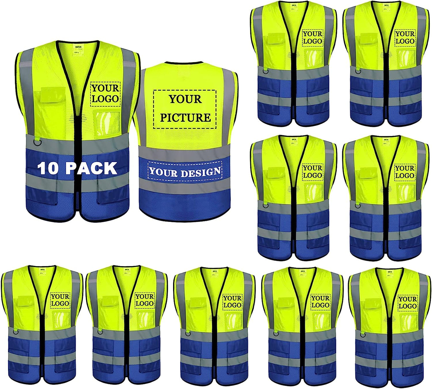 Custom Logo Safety Reflective Vest 1 Pack Class 2 Hi Vis Outdoor Strip Workwear with 5 Multi Pockets and Zipper(Free Printed,No MOQ.)