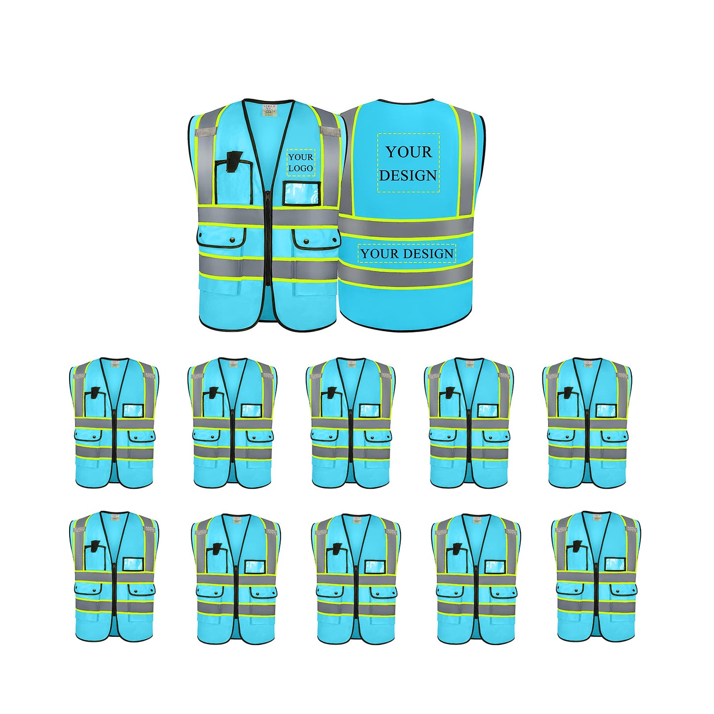Custom Logo Safety Vest Customize Class 2 Visibility Reflective Vests Bulk with Pockets and Zipper