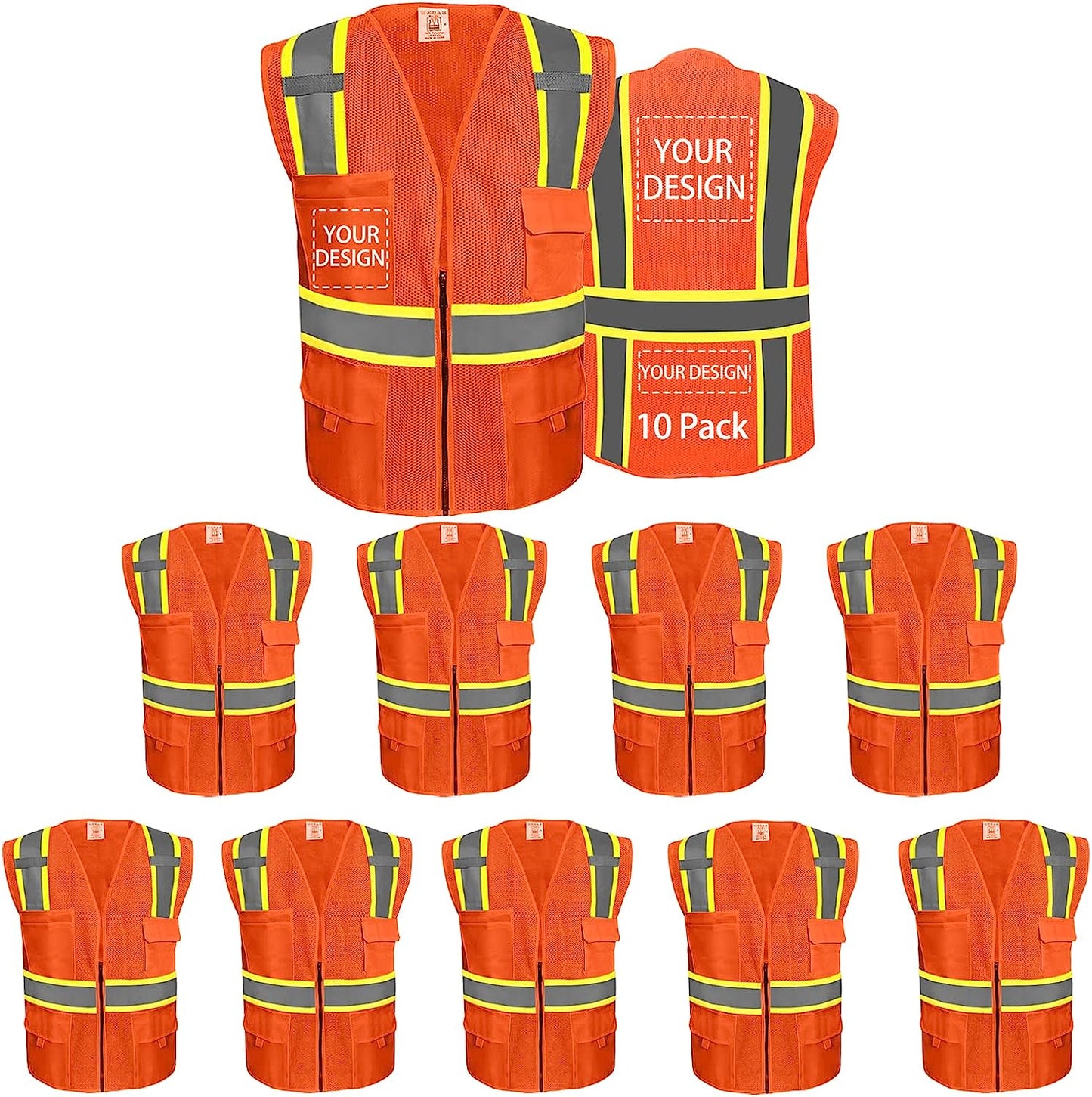 Custom Logo Safety Vest, Reflective Safety Vest, Class 2 ANSI with 5 Pockets Zipper High Visibility Construction Uniform