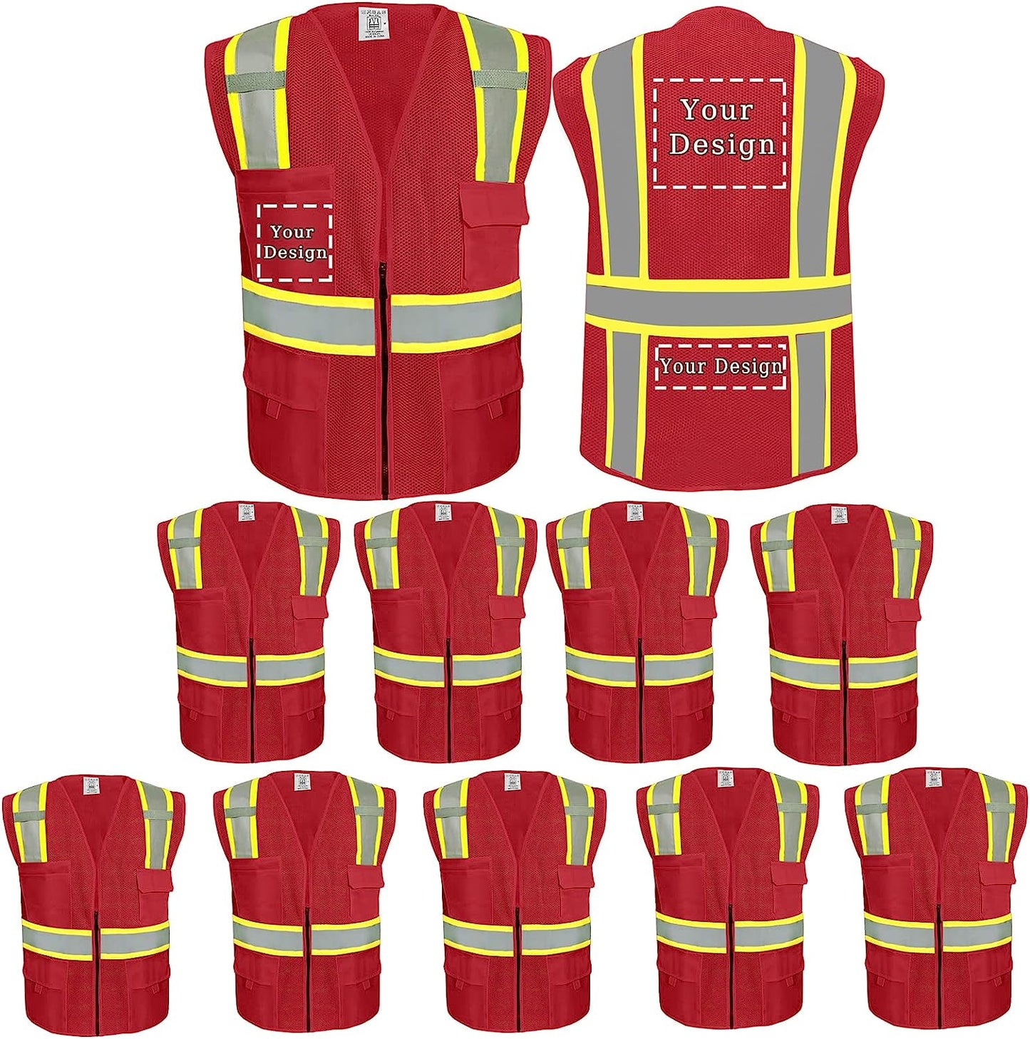 Custom Logo Safety Vest, Reflective Safety Vest, Class 2 ANSI with 5 Pockets Zipper High Visibility Construction Uniform