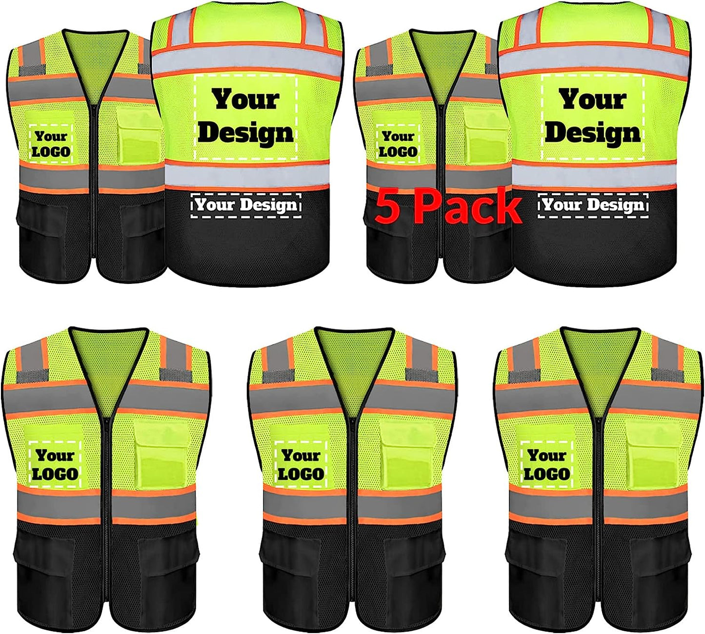 Custom safety vest customize hi vis vest reflective vest with logo 5 packs