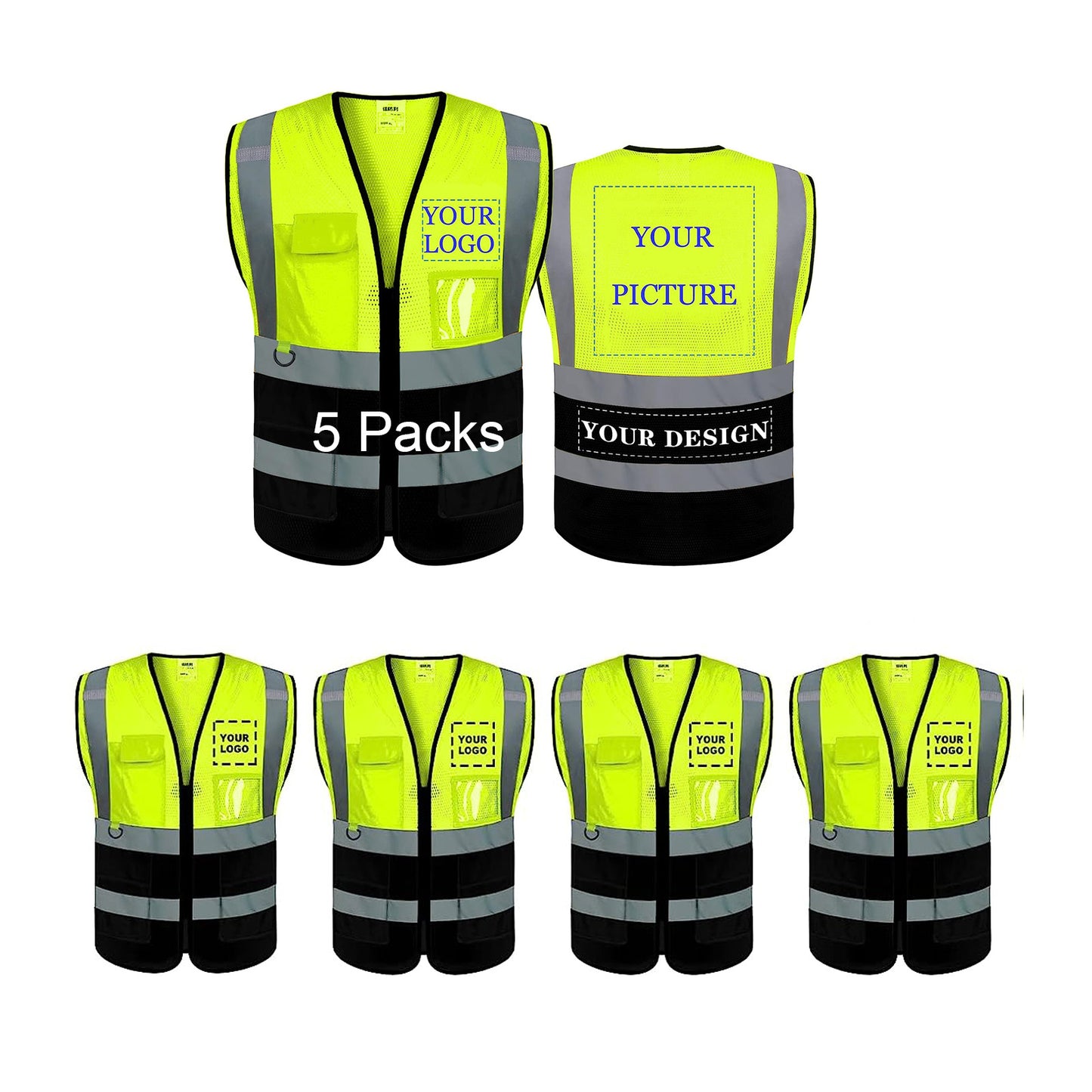 Custom Logo Safety Reflective Vest 1 Pack Class 2 Hi Vis Outdoor Strip Workwear with 5 Multi Pockets and Zipper(Free Printed,No MOQ.)