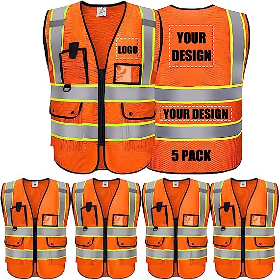 Custom Safety Vest With Logo Reflective Vest Class 2 Safety Vests Mesh Breathable With Pockets Zipper High Visibility Outdoor Protective Workwear