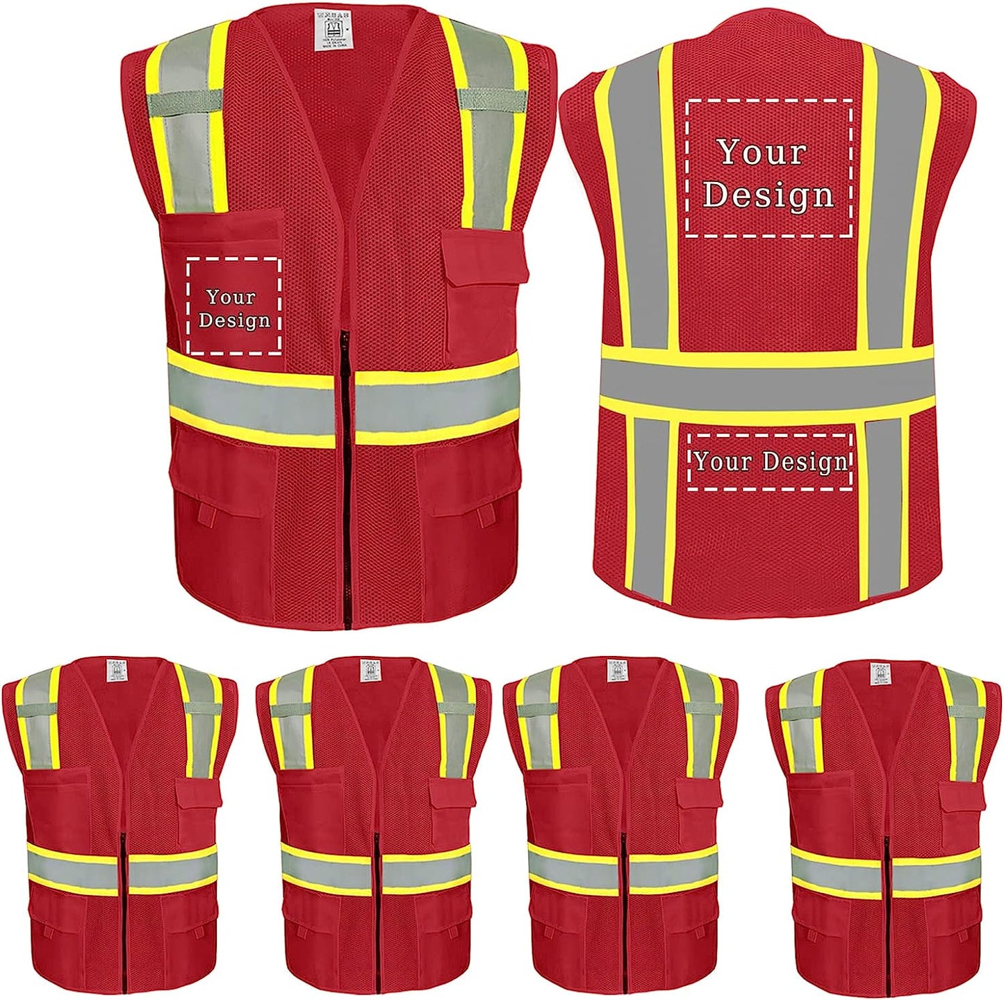 Custom Logo Safety Vest, Reflective Safety Vest, Class 2 ANSI with 5 Pockets Zipper High Visibility Construction Uniform