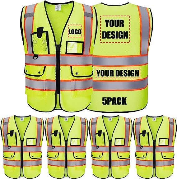 Custom Safety Vest With Logo Reflective Vest Class 2 Safety Vests Mesh Breathable With Pockets Zipper High Visibility Outdoor Protective Workwear