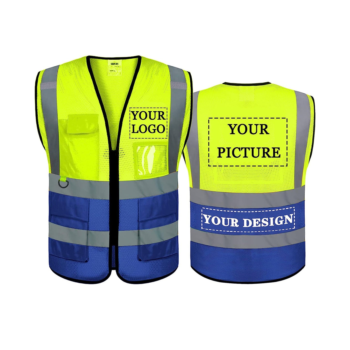 Custom Logo Safety Reflective Vest 1 Pack Class 2 Hi Vis Outdoor Strip Workwear with 5 Multi Pockets and Zipper(Free Printed,No MOQ.)