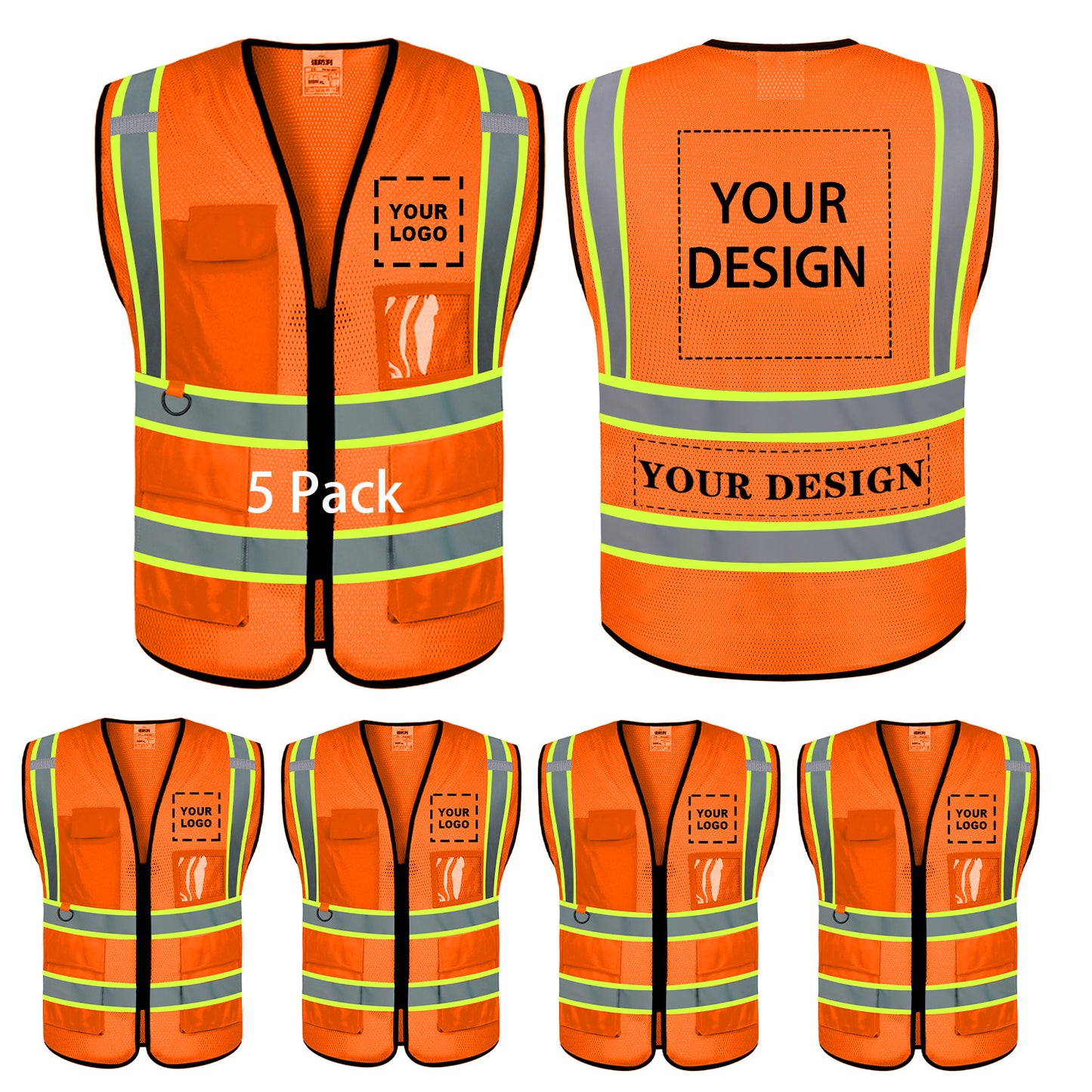 Custom orange safety vest customize hi vis vest reflective vest with logo 5 packs
