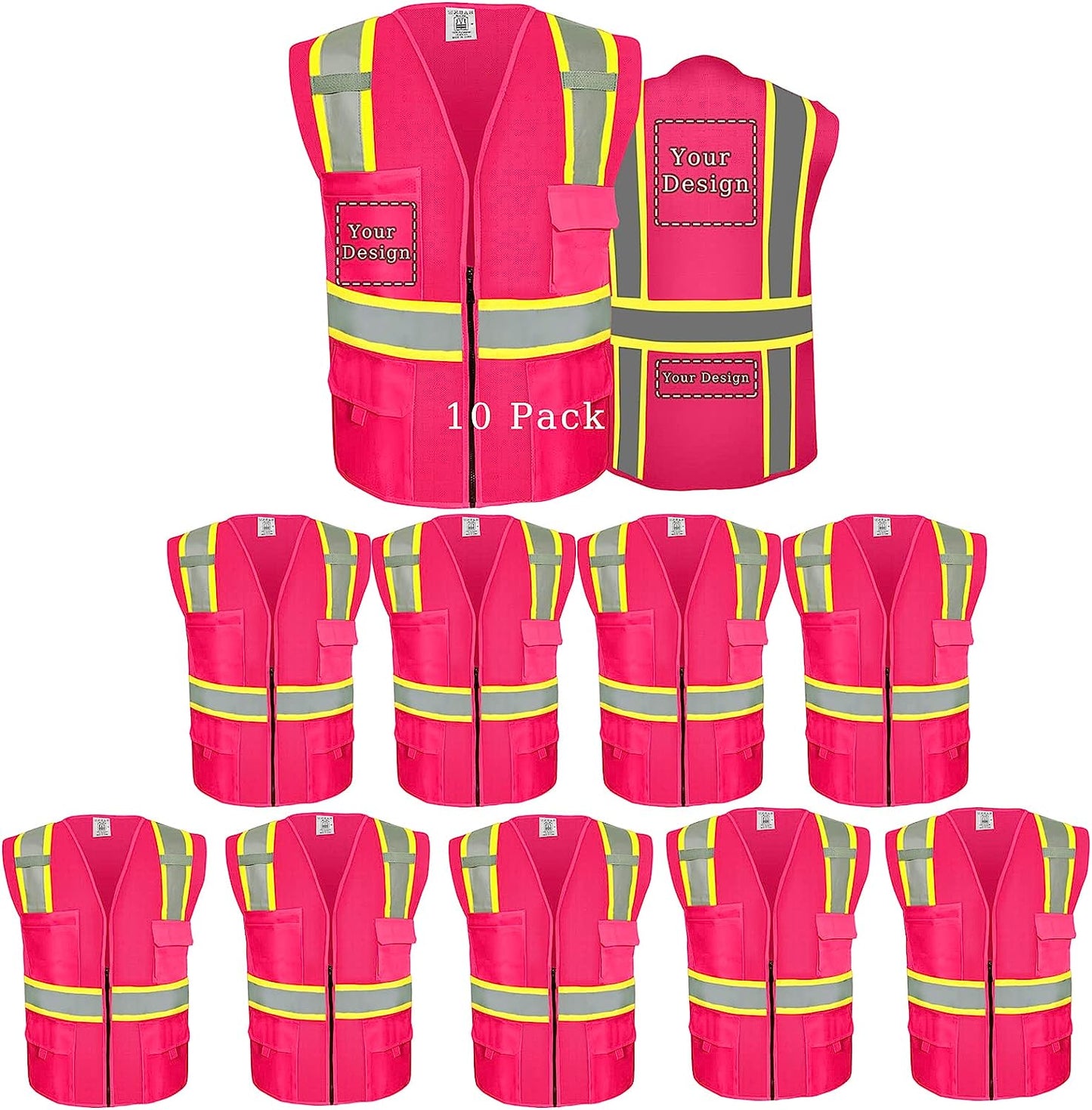 Custom Logo Safety Vest, Reflective Safety Vest, Class 2 ANSI with 5 Pockets Zipper High Visibility Construction Uniform