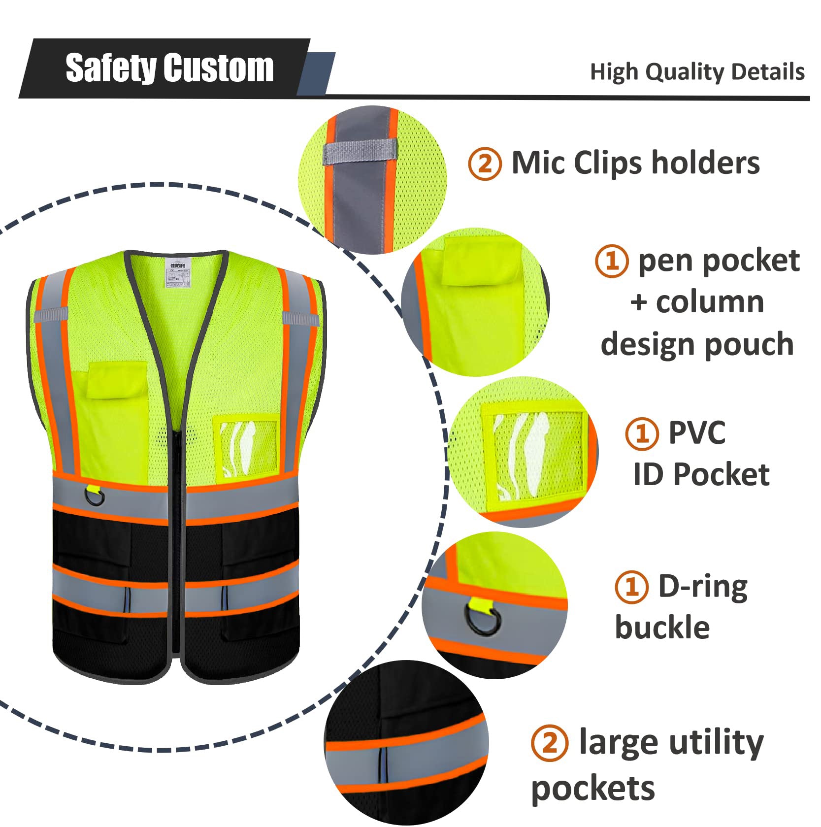 Custom safety vest customize hi vis vest reflective vest with logo yellow green blue orange red black hi vis safety vest size S M L XL XXL