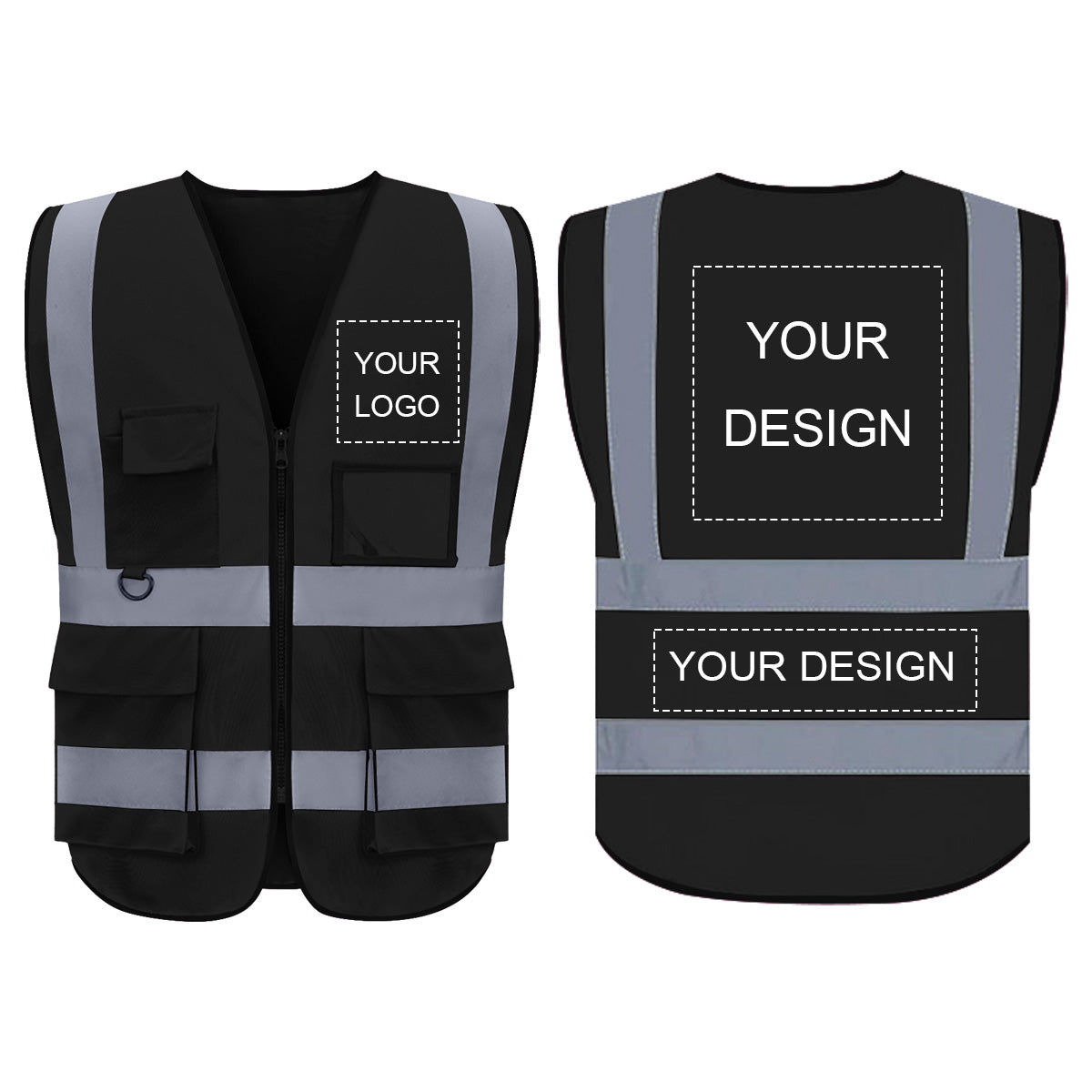 Gilet de sécurité personnalisé avec logo, lot de 1. Gilets réfléchissants de classe 2, visibilité personnalisable, en gros, avec poches et fermeture éclair (impression gratuite, sans minimum de commande).