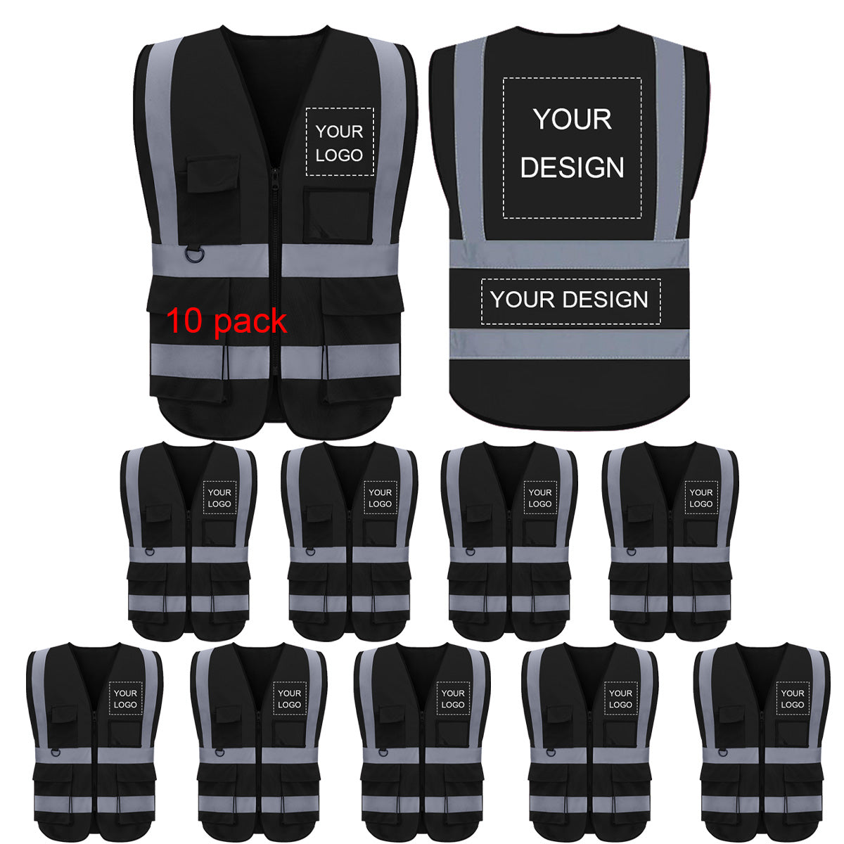 Gilet de sécurité personnalisé avec logo, lot de 1. Gilets réfléchissants de classe 2, visibilité personnalisable, en gros, avec poches et fermeture éclair (impression gratuite, sans minimum de commande).