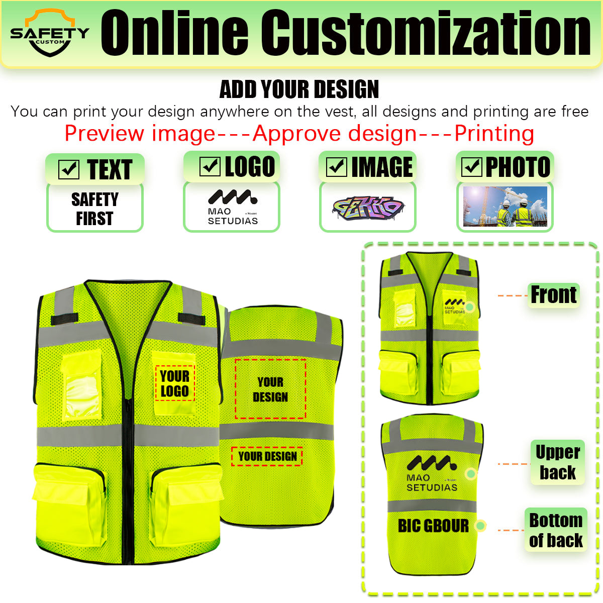 Custom Mesh Logo Safety Vest High Visibility Reflective Vest Customized Logo with Zipped Big Pockets Construction Workwear