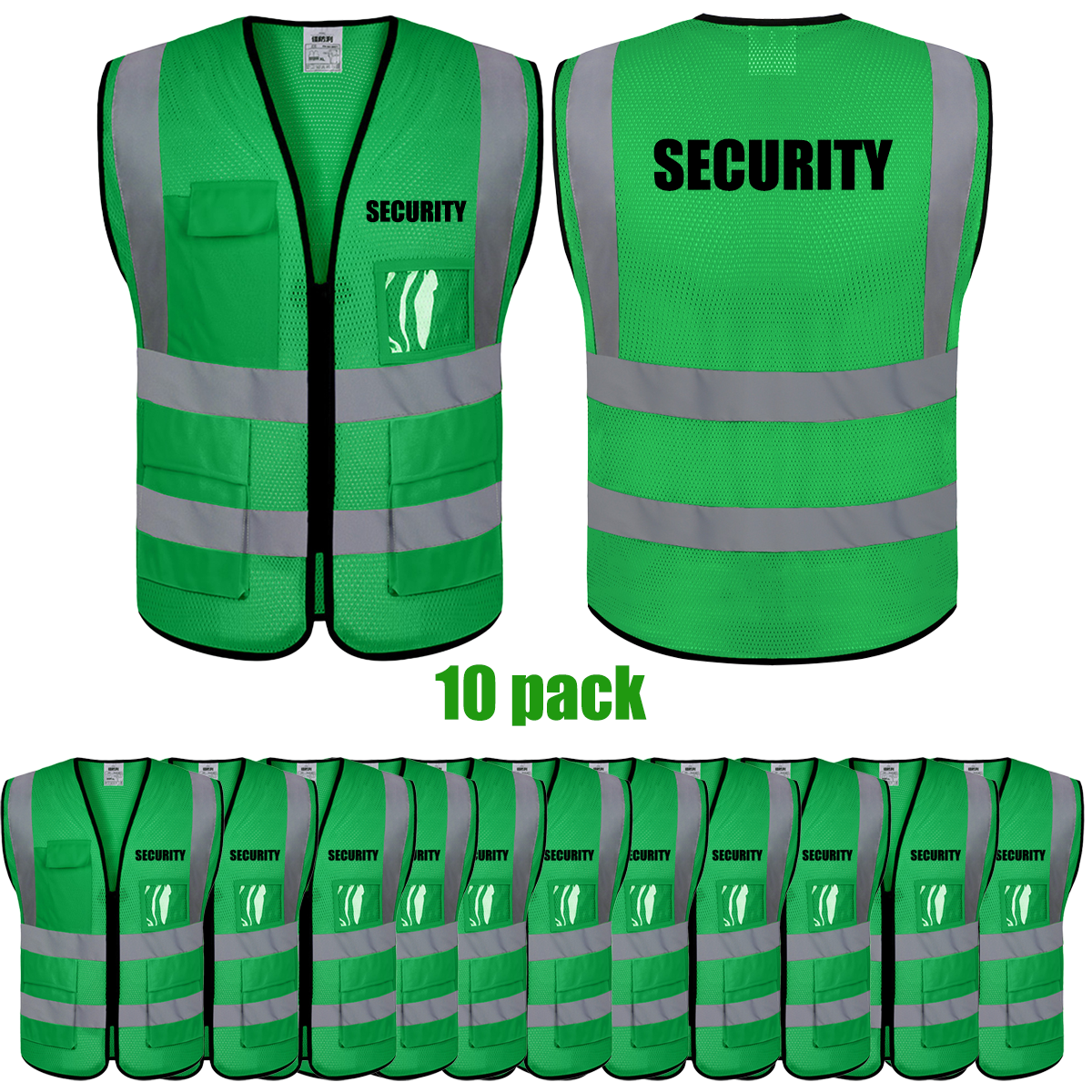 SECURITY Mesh Safety Vest with 5 Pokets and Zipper Reflective Vests Class 2 Visibility