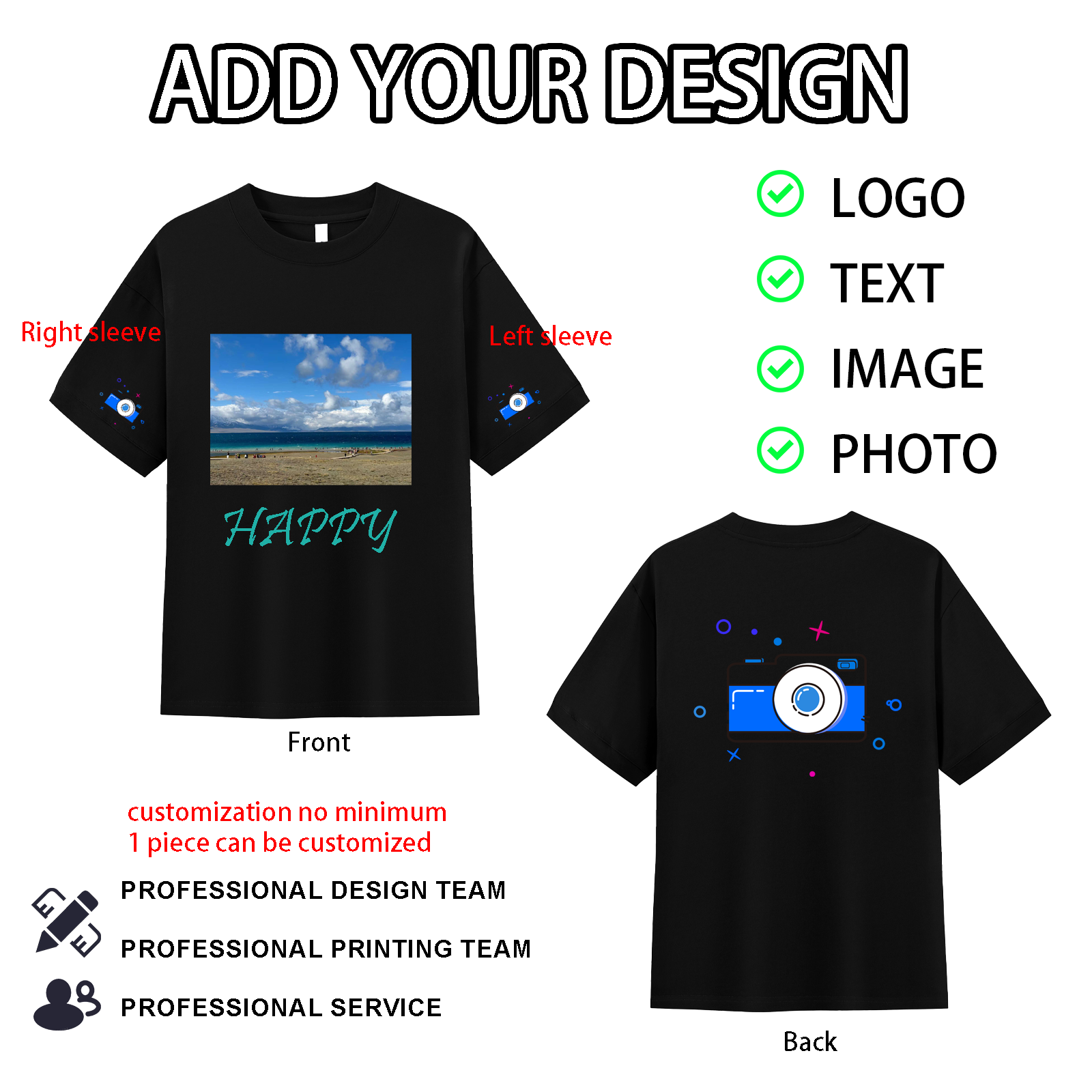 Custom T Shirts Men/Women Design Your Own T Shirt Add Your Image Photo/Text Front/Back Tshirts Print