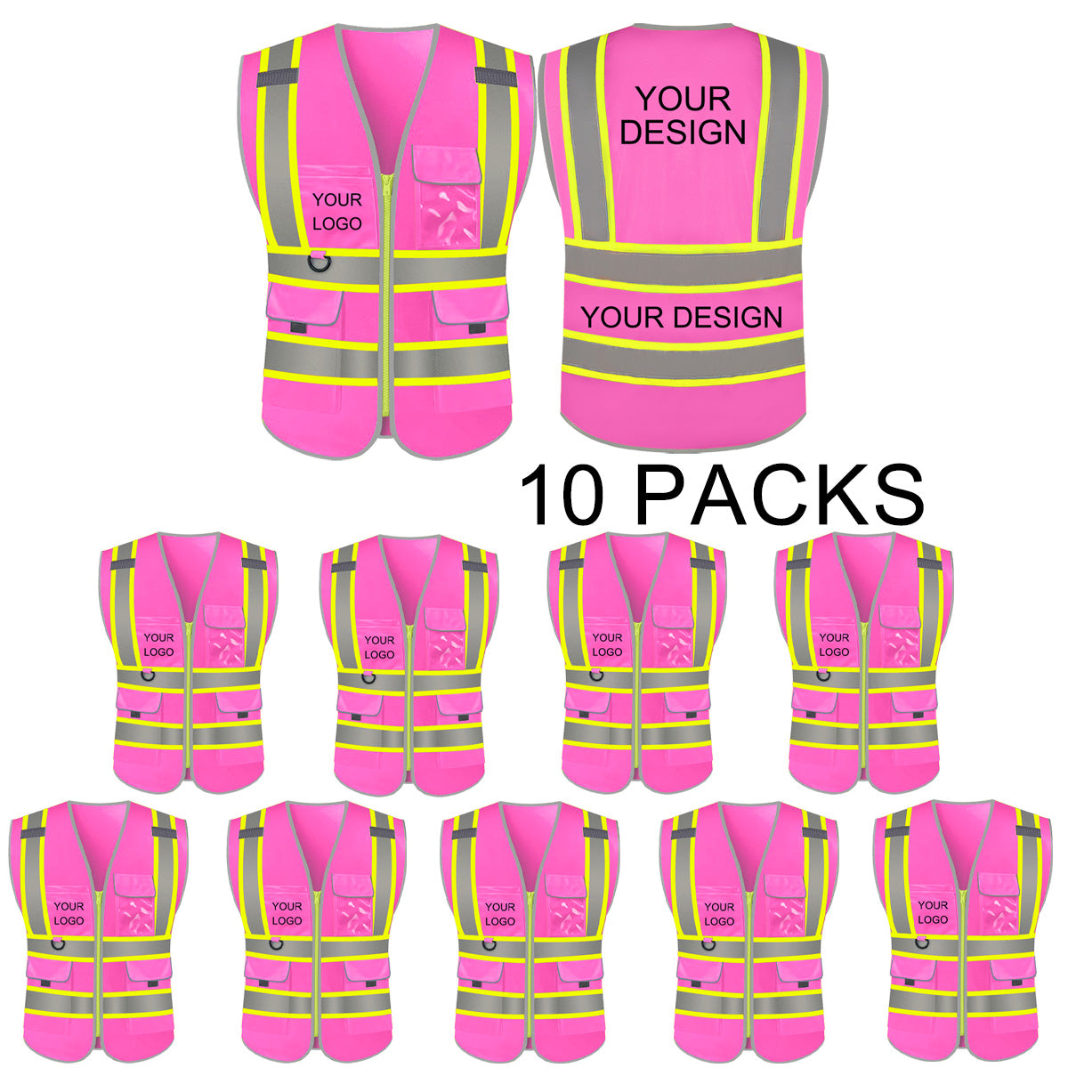 Custom Safety Vest LOGO Customized Hi Vis Reflective with Pockets and Zipper High Visibility Vest ANSI/ISEA 107 Class 2 Type R Compliant