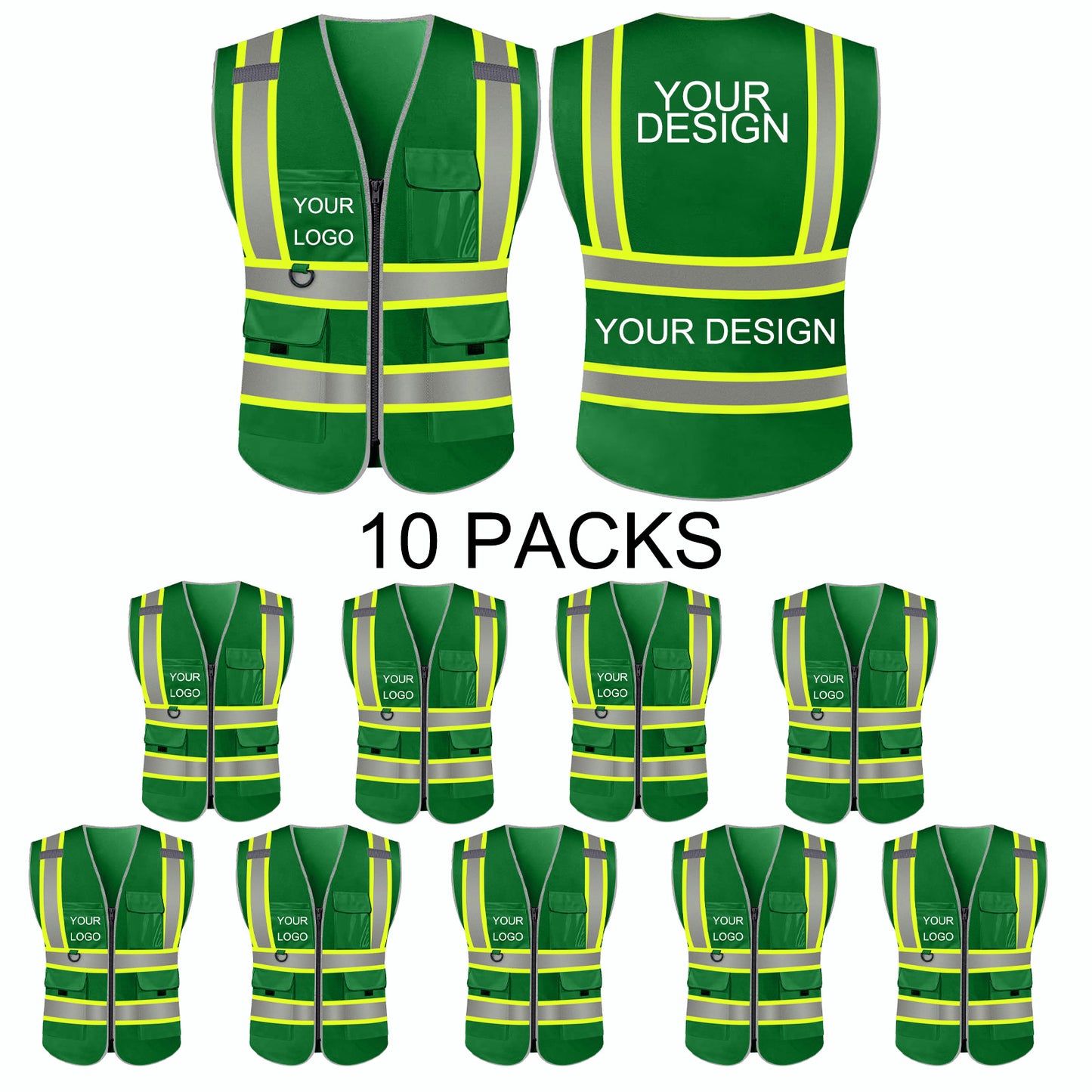 Custom Safety Vest LOGO Customized Hi Vis Reflective with Pockets and Zipper High Visibility Vest ANSI/ISEA 107 Class 2 Type R Compliant