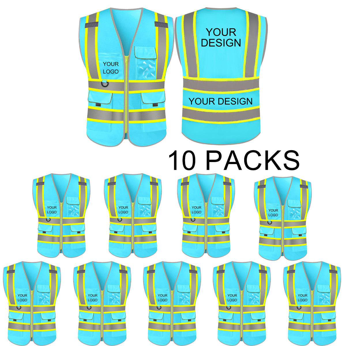 Custom Safety Vest LOGO Customized Hi Vis Reflective with Pockets and Zipper High Visibility Vest ANSI/ISEA 107 Class 2 Type R Compliant
