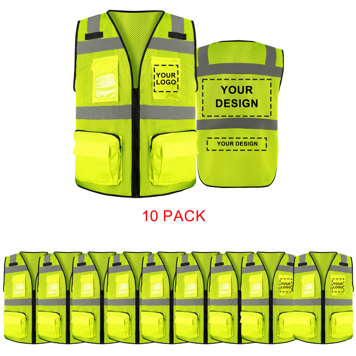 Custom Mesh Logo Safety Vest High Visibility Reflective Vest Customized Logo with Zipped Big Pockets Construction Workwear