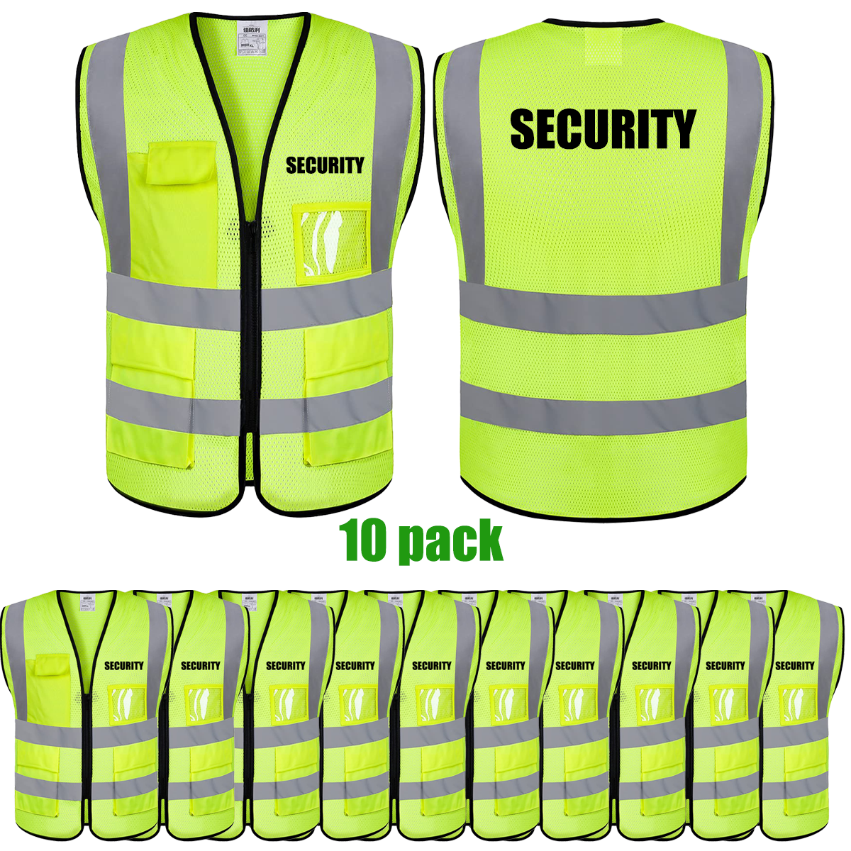 SECURITY Mesh Safety Vest with 5 Pokets and Zipper Reflective Vests Class 2 Visibility