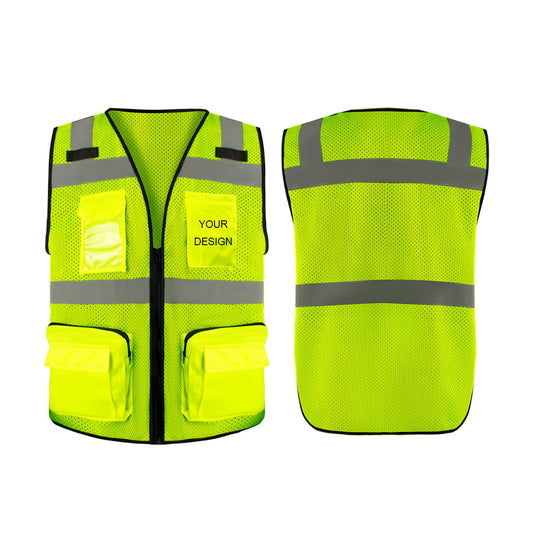 Custom Mesh Logo Safety Vest High Visibility Reflective Vest Customized Logo with Zipped Big Pockets Construction Workwear