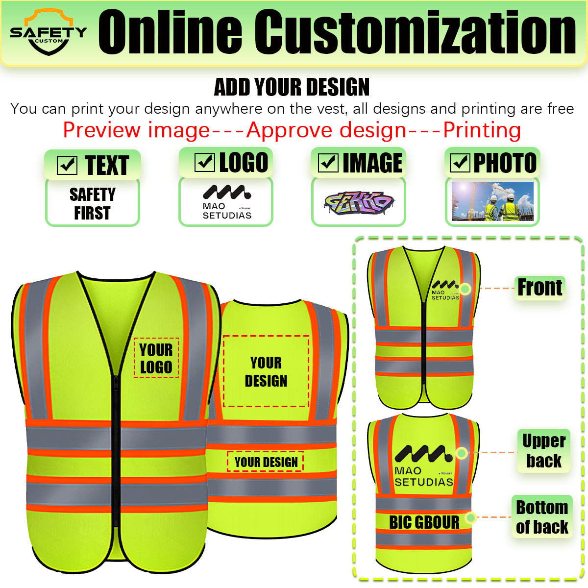 custom safety vest print logo text image with zipper hi vis class 2 safety reflective vest