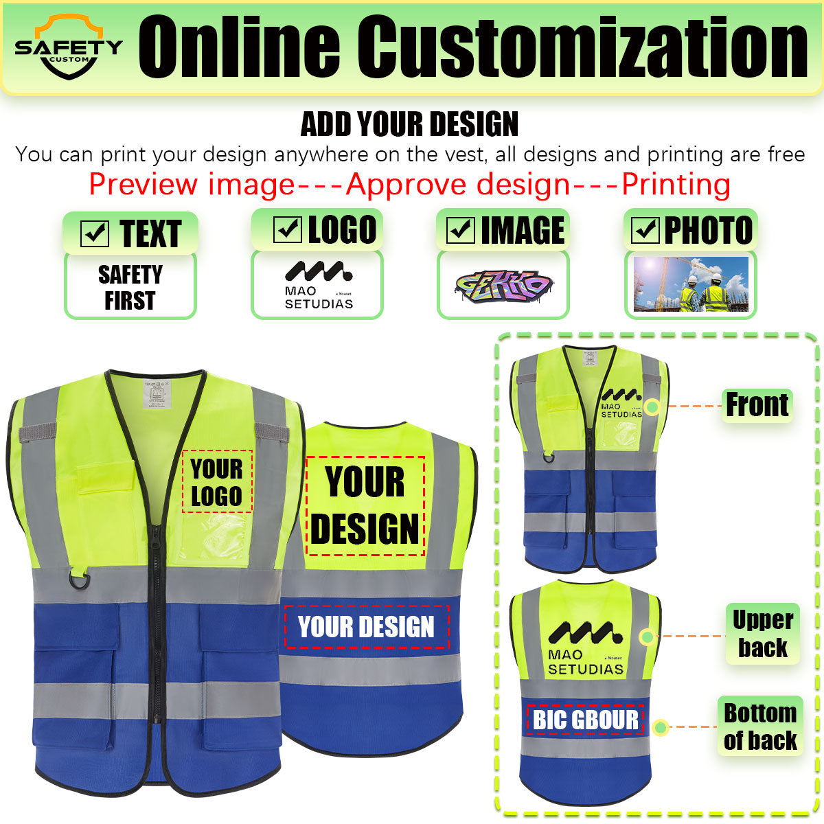 custom safety vest with logo reflective vest for work high vis class 2 vest construction pocket zipper vest