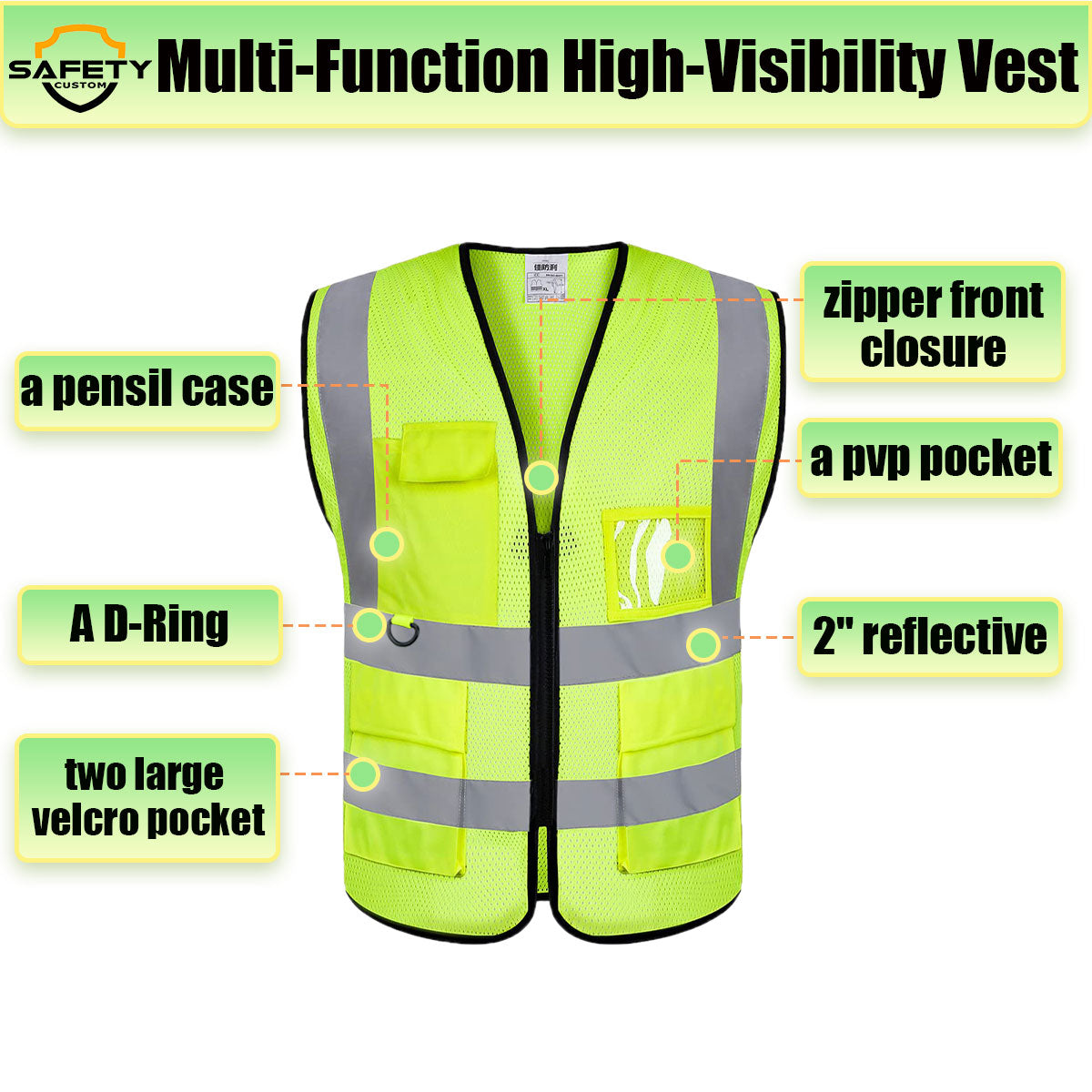 Multifunctional reflective workwear with zipper class 2 safety vest construction vests bulk safety vest personalized printing and design logo