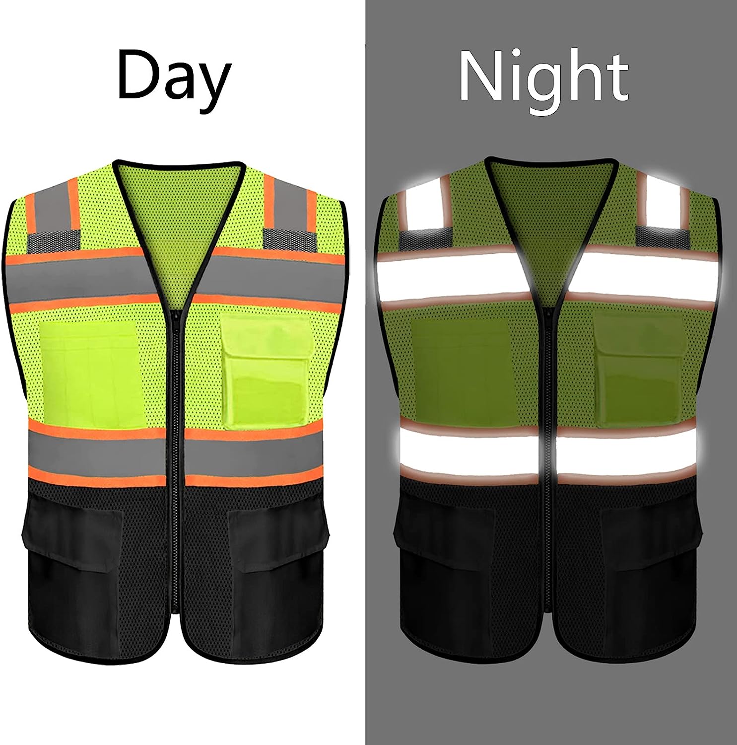 Free custom safety vest hi vis reflective vest mesh with company logo pockets zipper personalized printed Customize construction traffic security work vest class 2 yellow safety vest