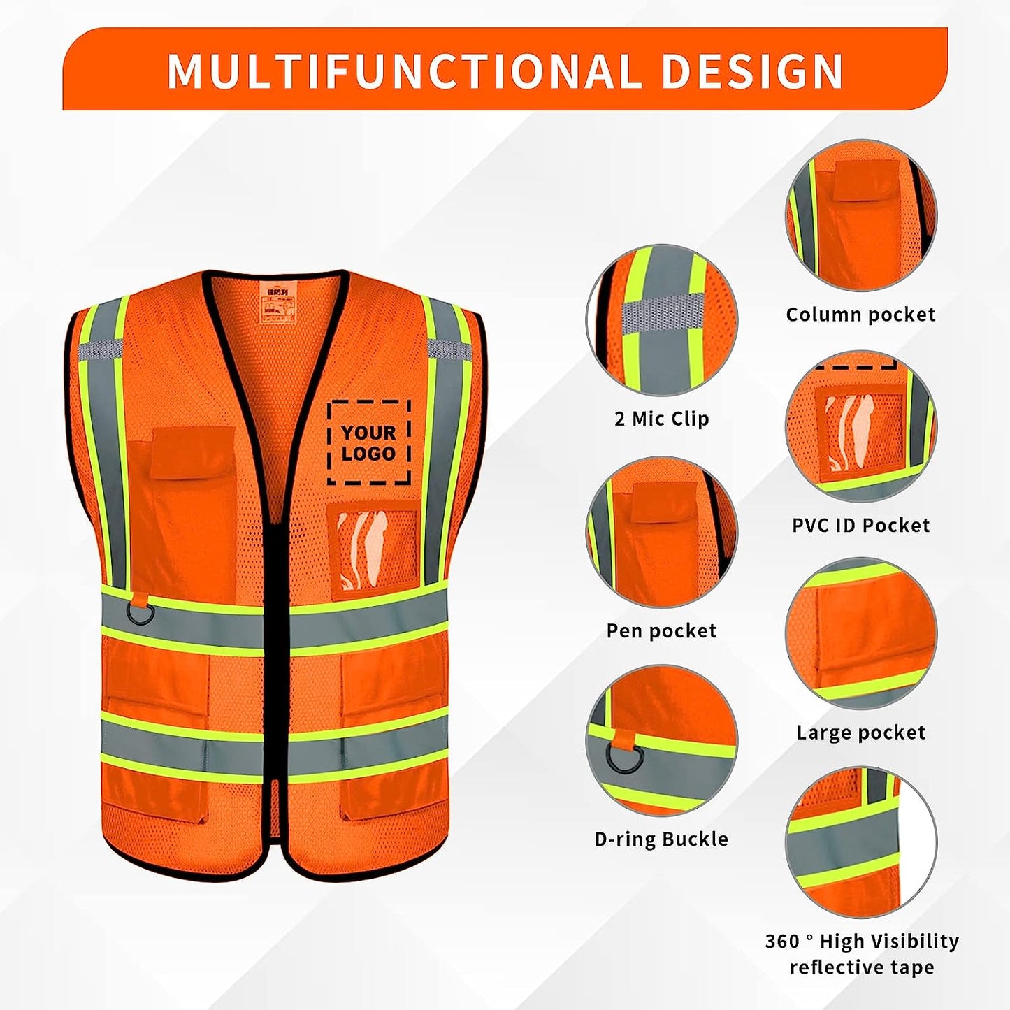 Orange Safety Vest with Logo Class 2 Personalized High Visibility Outdoor Protective Workwear with 5 Pockets