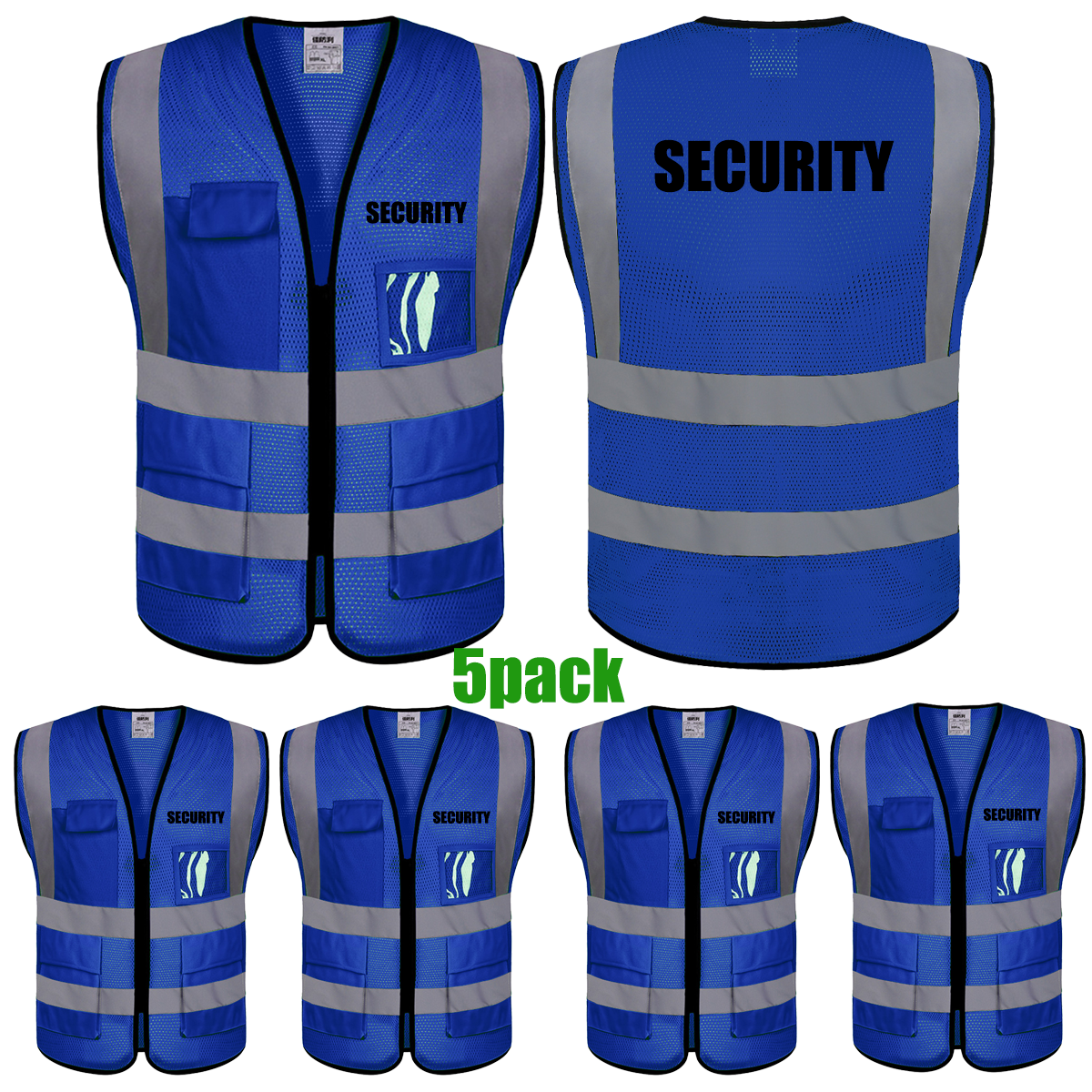 SECURITY Mesh Safety Vest with 5 Pokets and Zipper Reflective Vests Class 2 Visibility