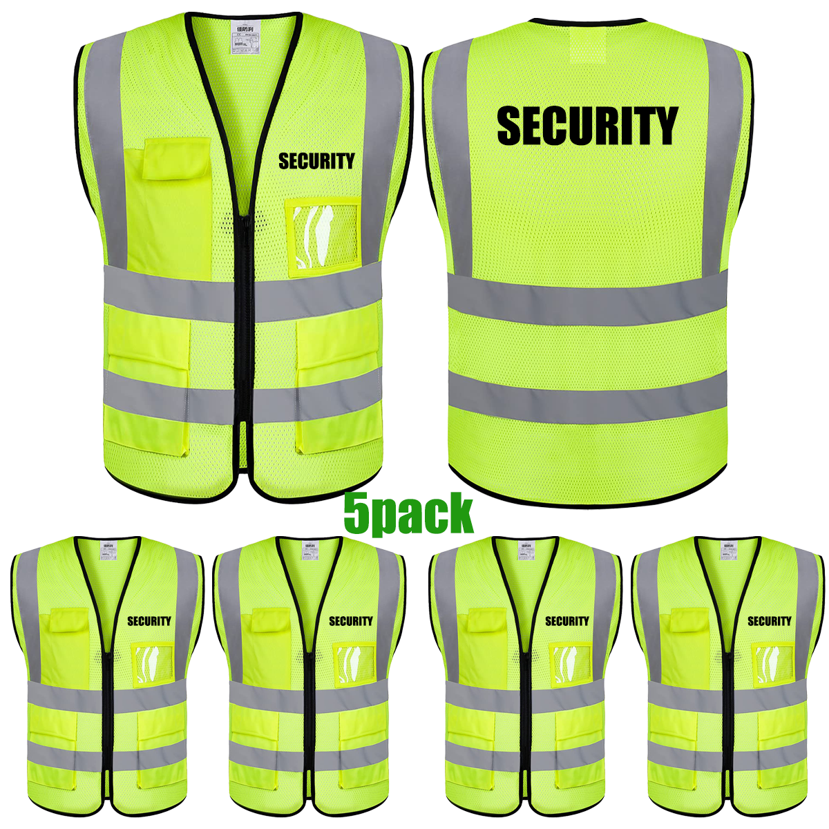 SECURITY Mesh Safety Vest with 5 Pokets and Zipper Reflective Vests Class 2 Visibility