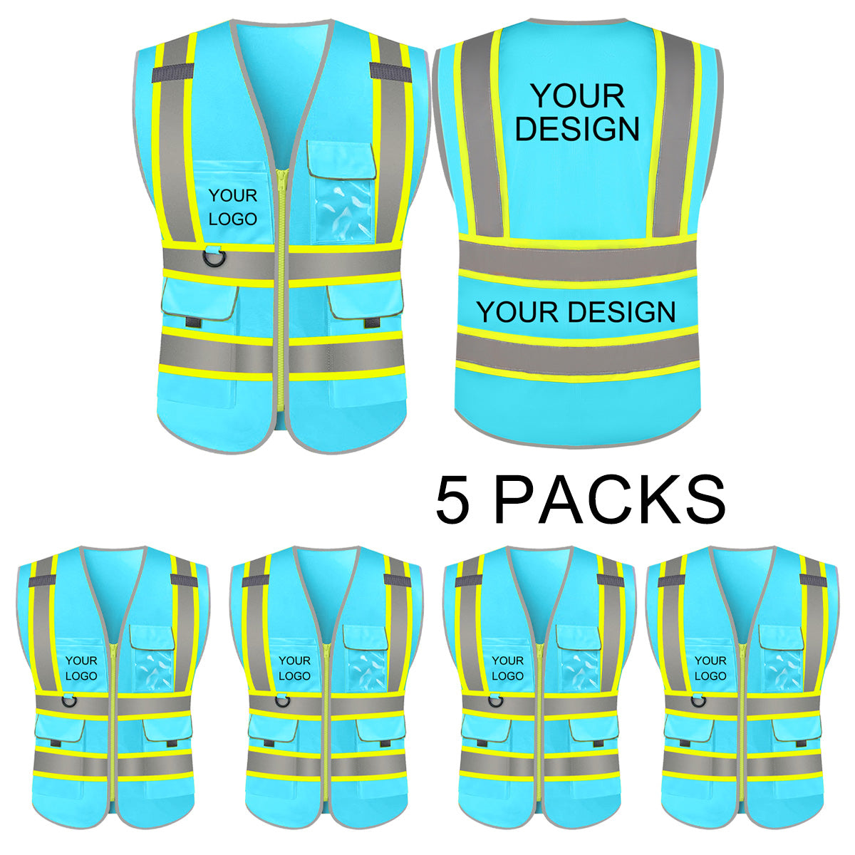 Custom Safety Vest LOGO Customized Hi Vis Reflective with Pockets and Zipper High Visibility Vest ANSI/ISEA 107 Class 2 Type R Compliant