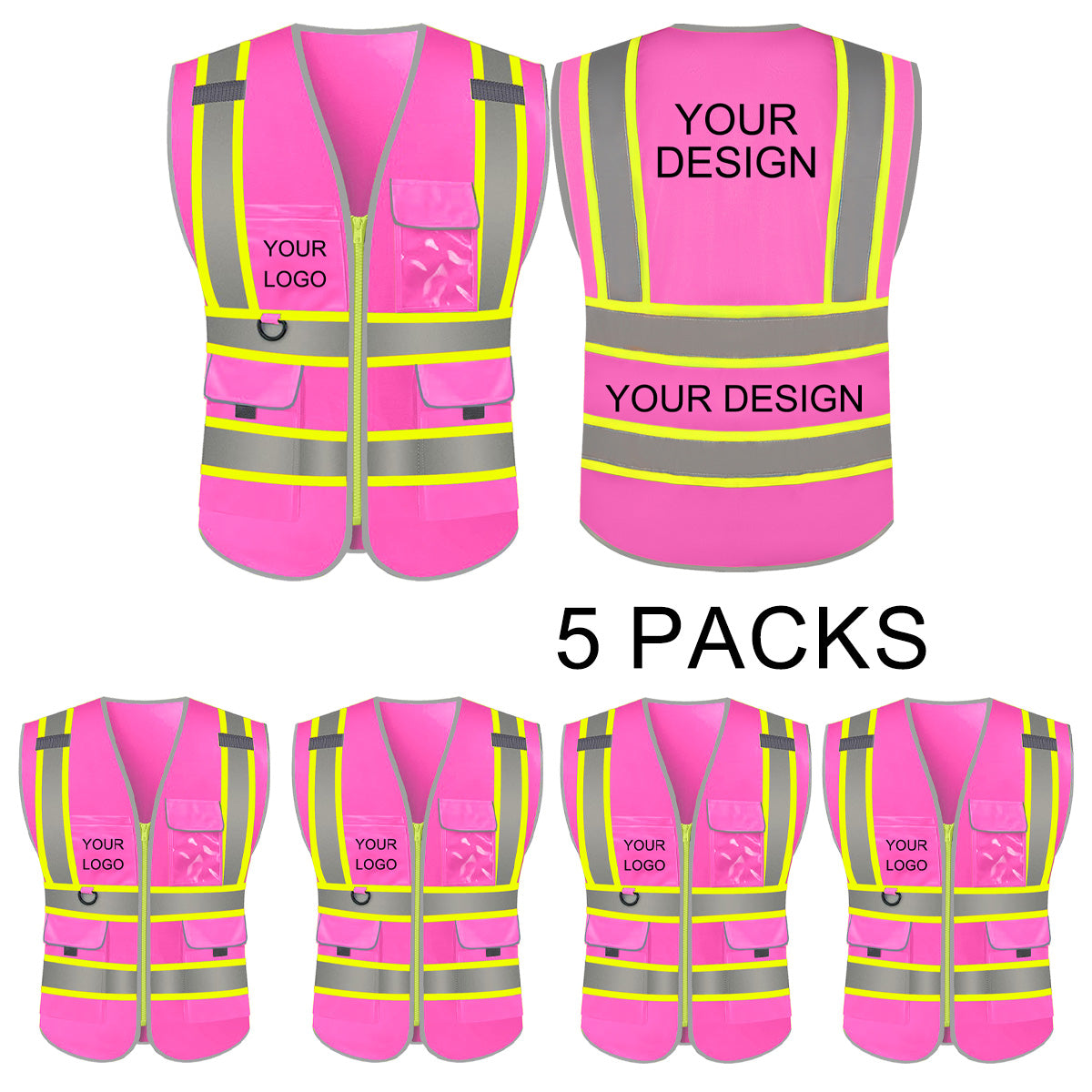 Custom Safety Vest LOGO Customized Hi Vis Reflective with Pockets and Zipper High Visibility Vest ANSI/ISEA 107 Class 2 Type R Compliant