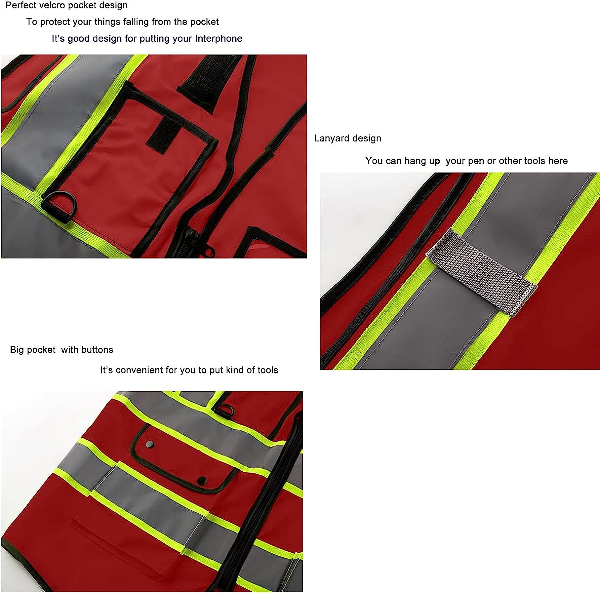 Fire Safety Vest Hi Vis Reflective Security 4 Pockets and Front Zipper Reflective Security Vest