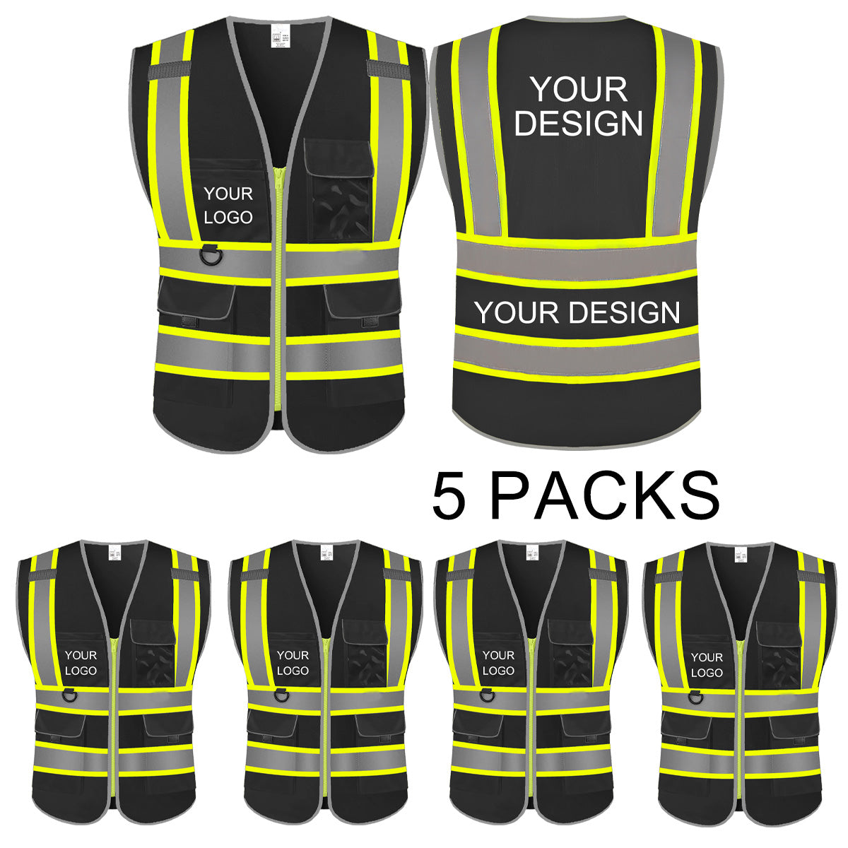 Custom Safety Vest LOGO Customized Hi Vis Reflective with Pockets and Zipper High Visibility Vest ANSI/ISEA 107 Class 2 Type R Compliant