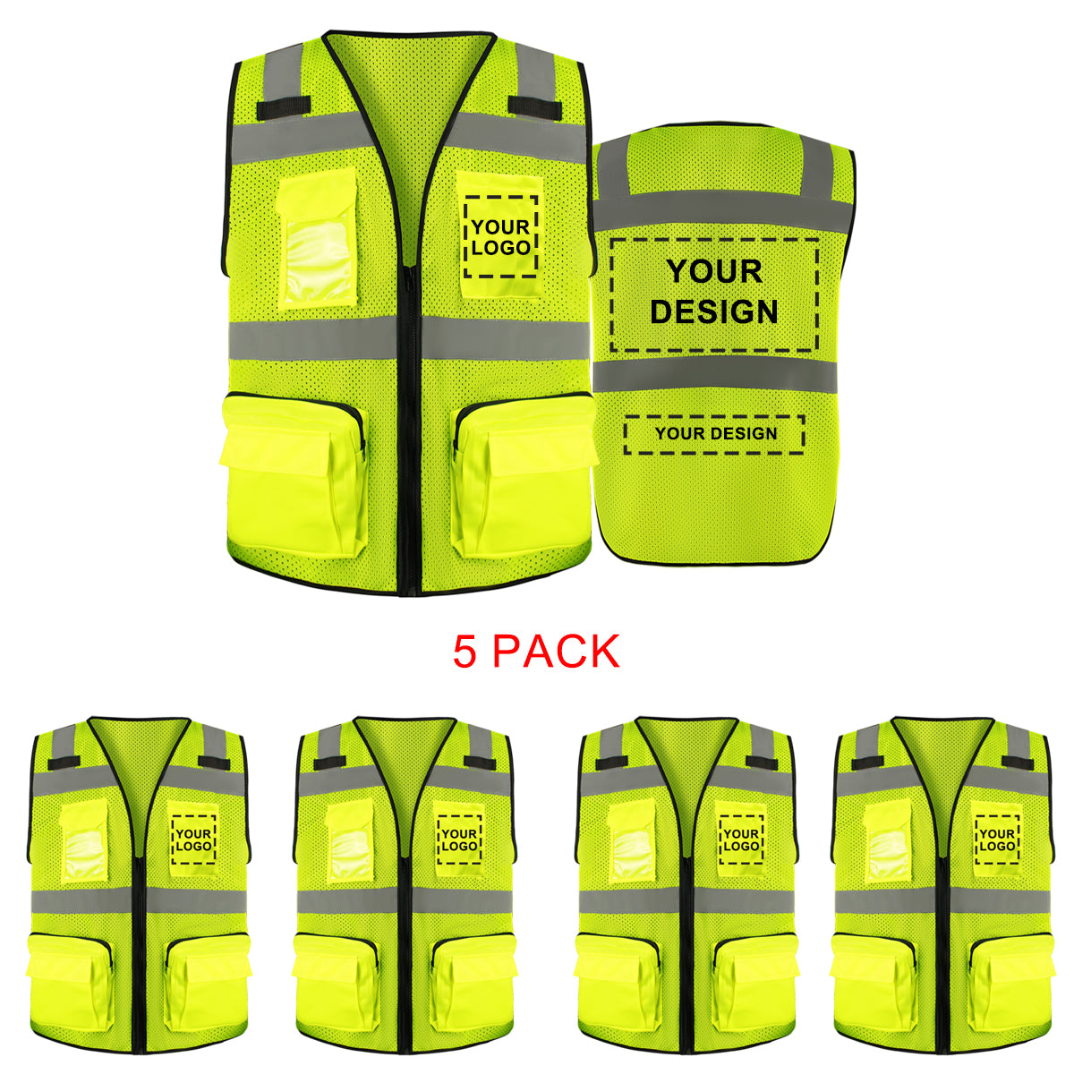 Custom Mesh Logo Safety Vest High Visibility Reflective Vest Customized Logo with Zipped Big Pockets Construction Workwear